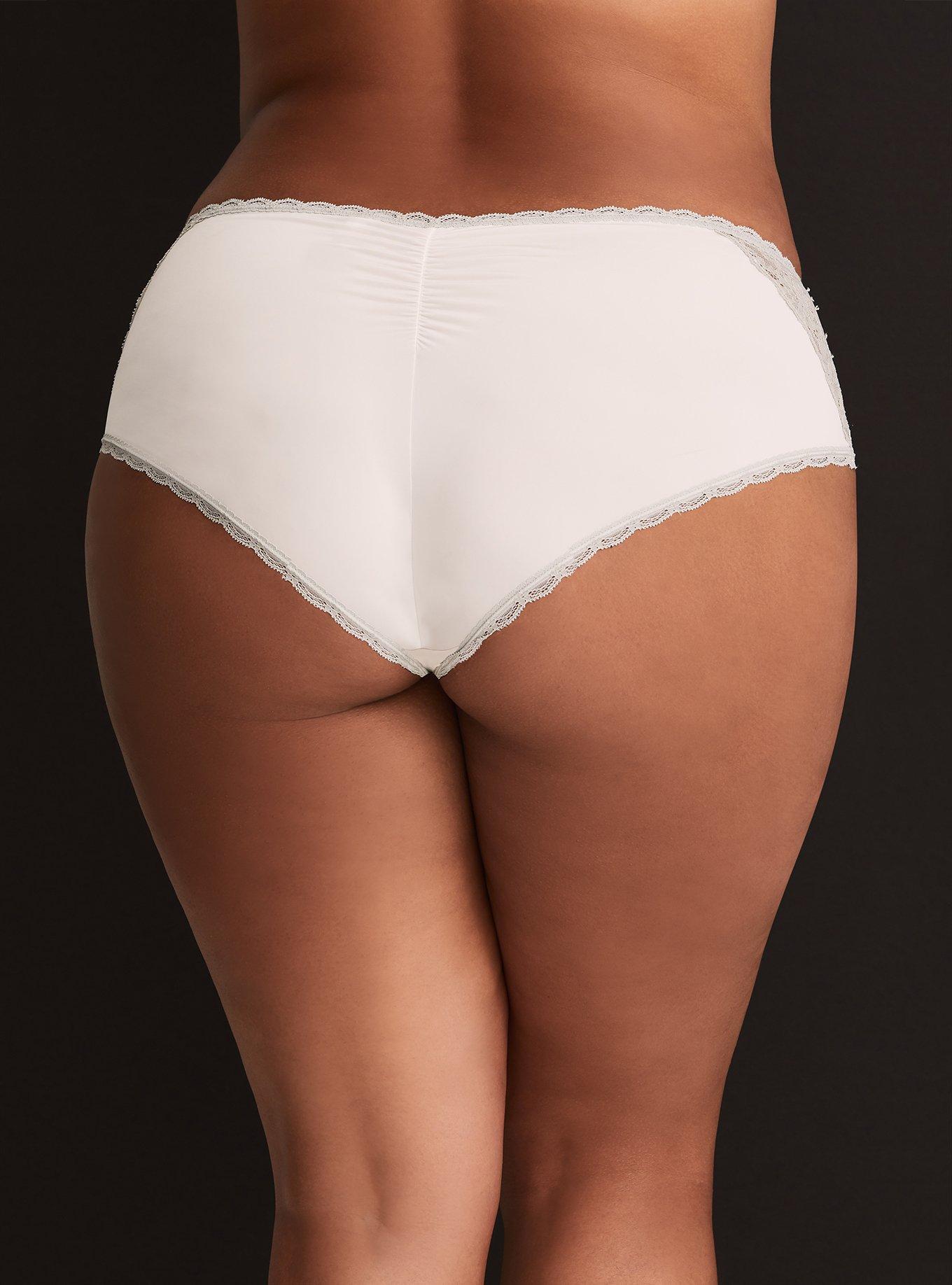 Plus Size Ivory & Grey Lace Trim Ruched Cheeky Panty, CLOUD DANCER, alternate