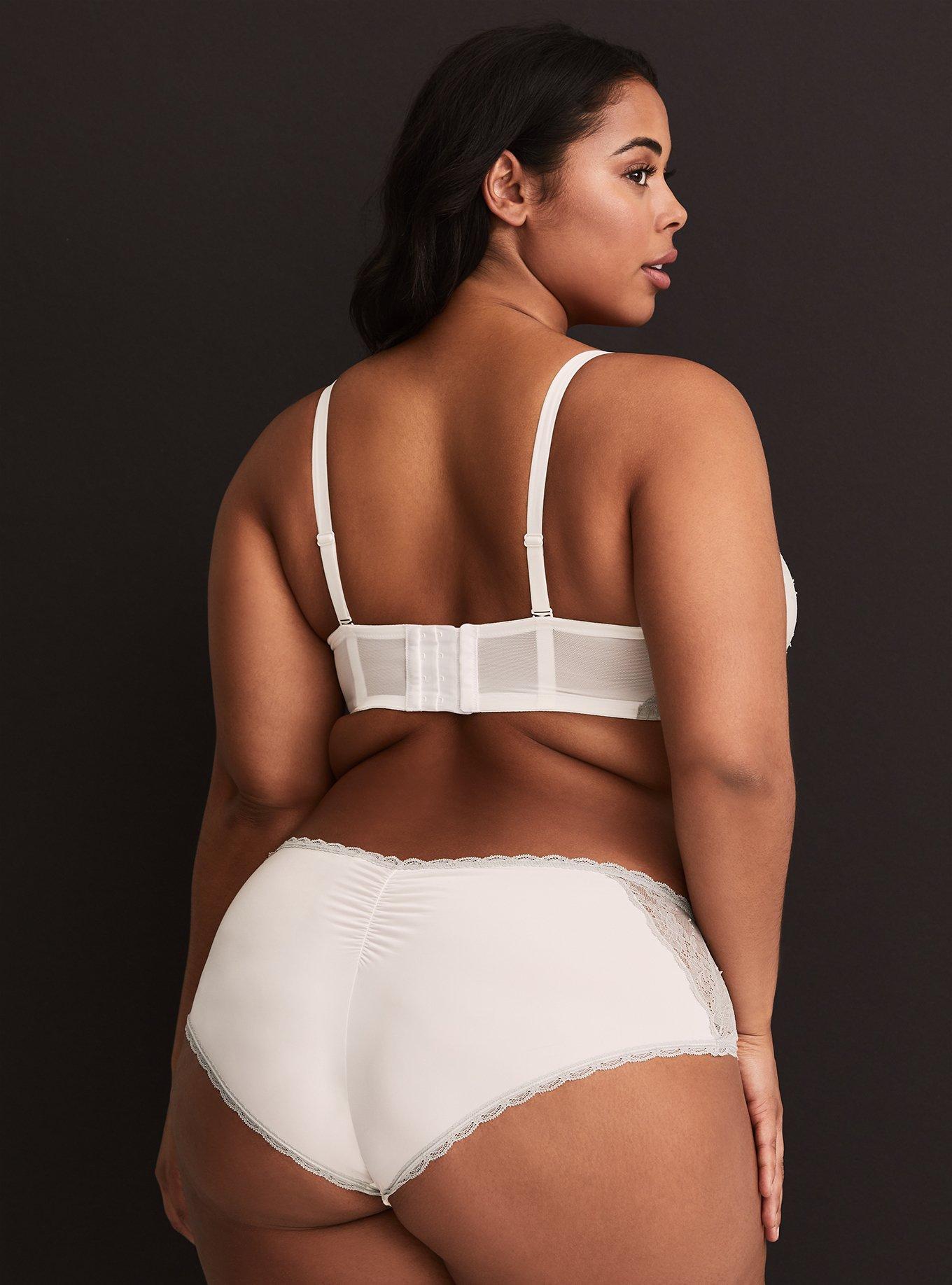 Plus Size Ivory & Grey Lace Trim Ruched Cheeky Panty, CLOUD DANCER, alternate