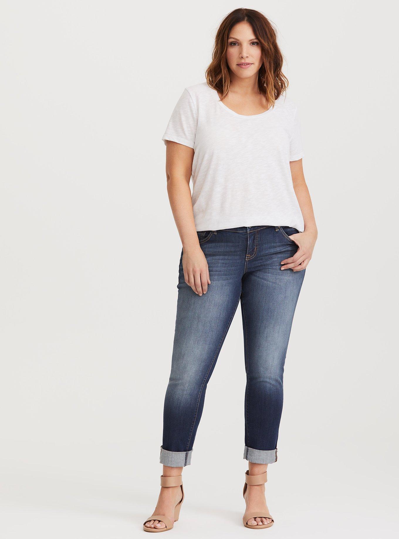 Plus Size - Premium Stretch Boyfriend Jeans - Dark Wash with Rolled Hem ...