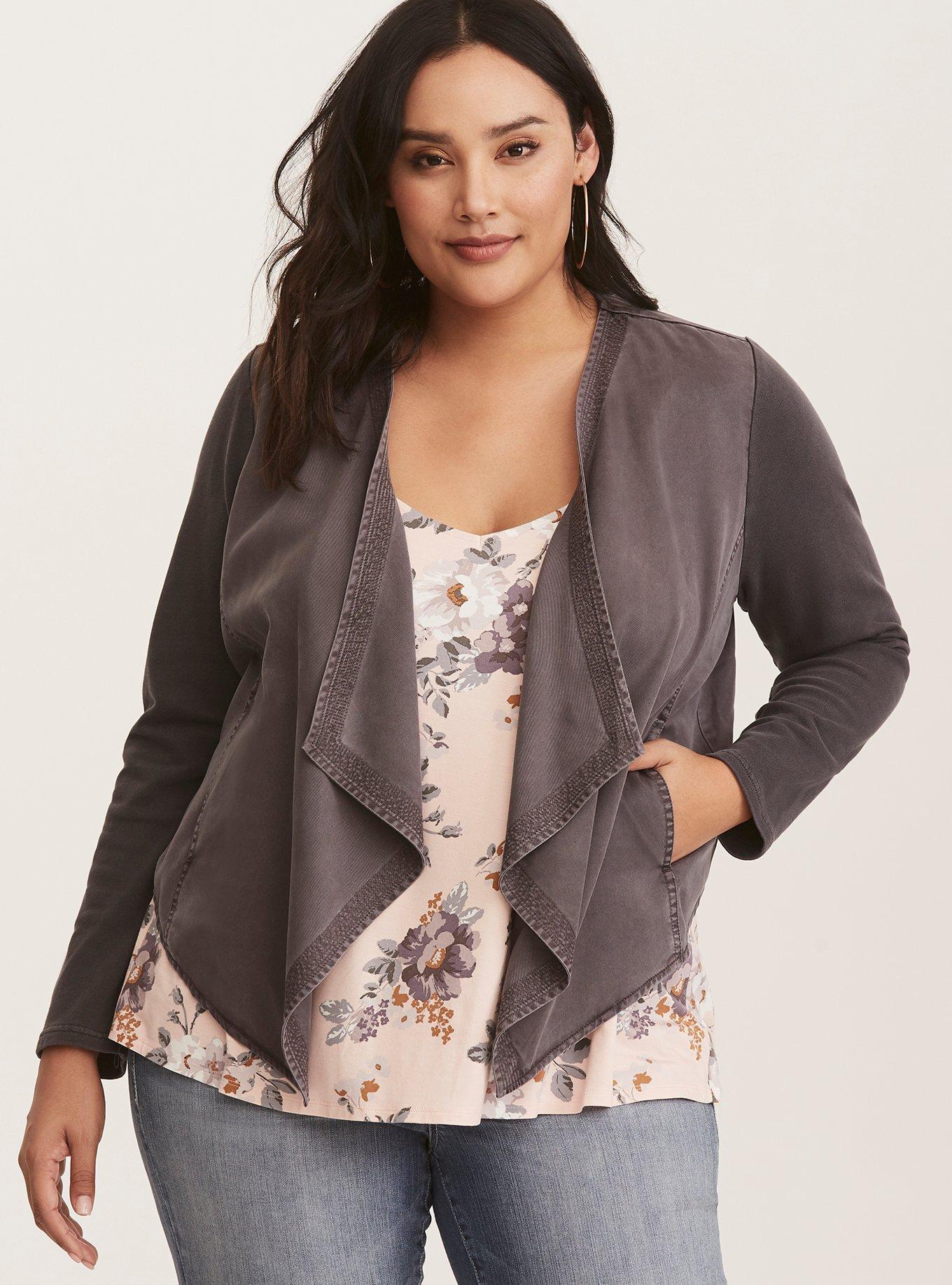 Plus Size - Grey Knit to Woven Drape Jacket - Torrid