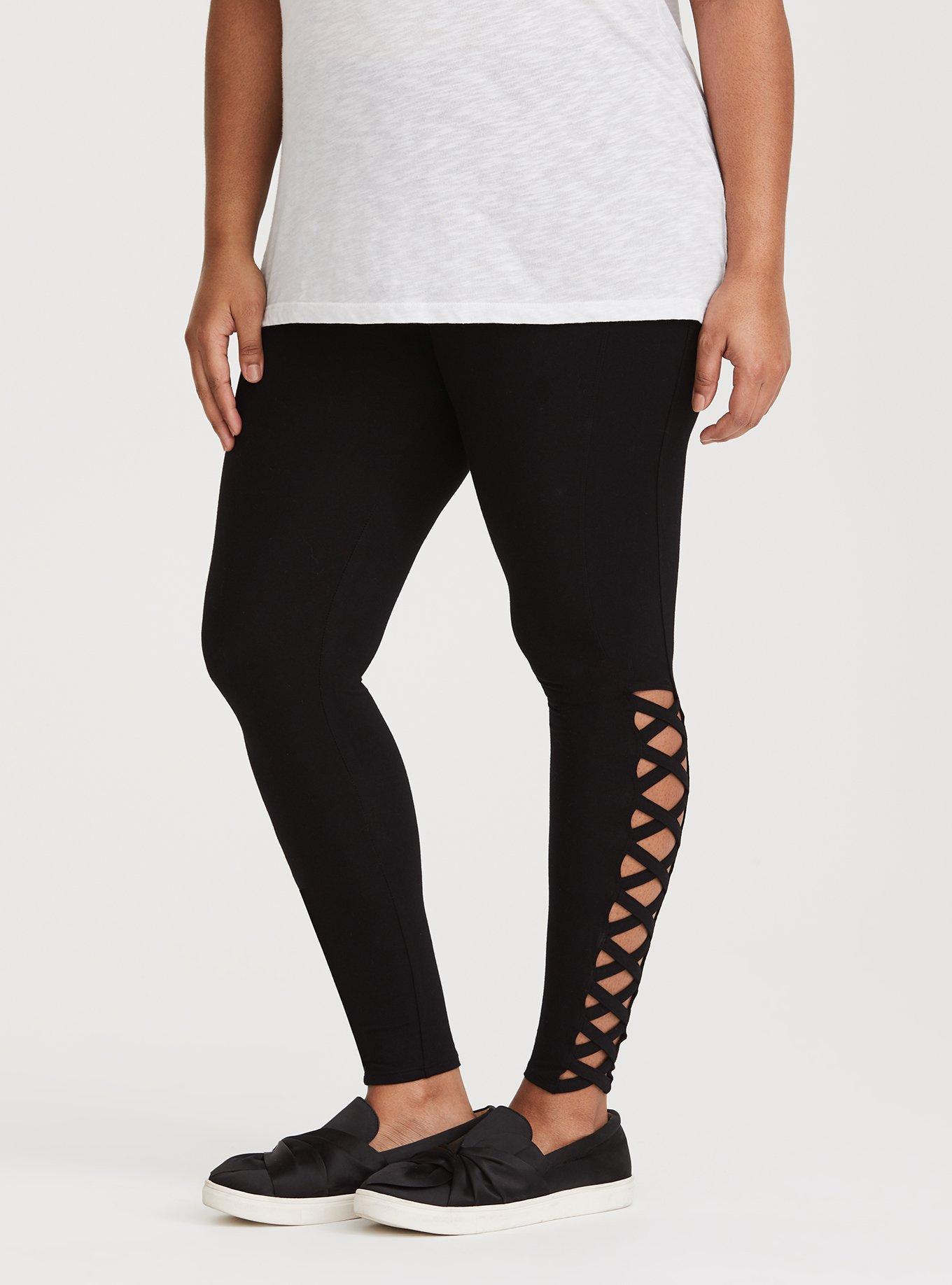 Plus Size Black Lattice Cutout Legging, BLACK, alternate