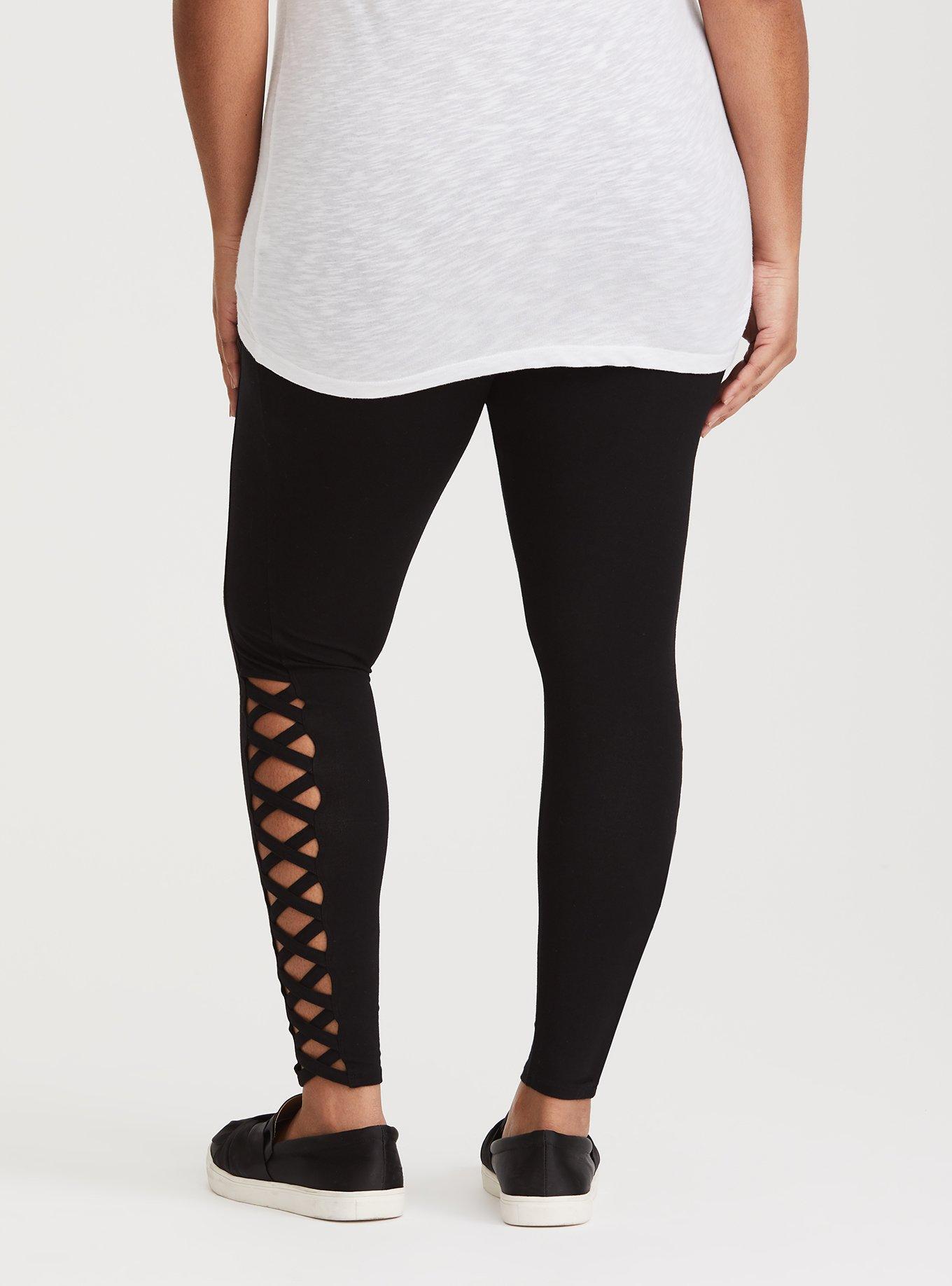 Plus Size Black Lattice Cutout Legging, BLACK, alternate