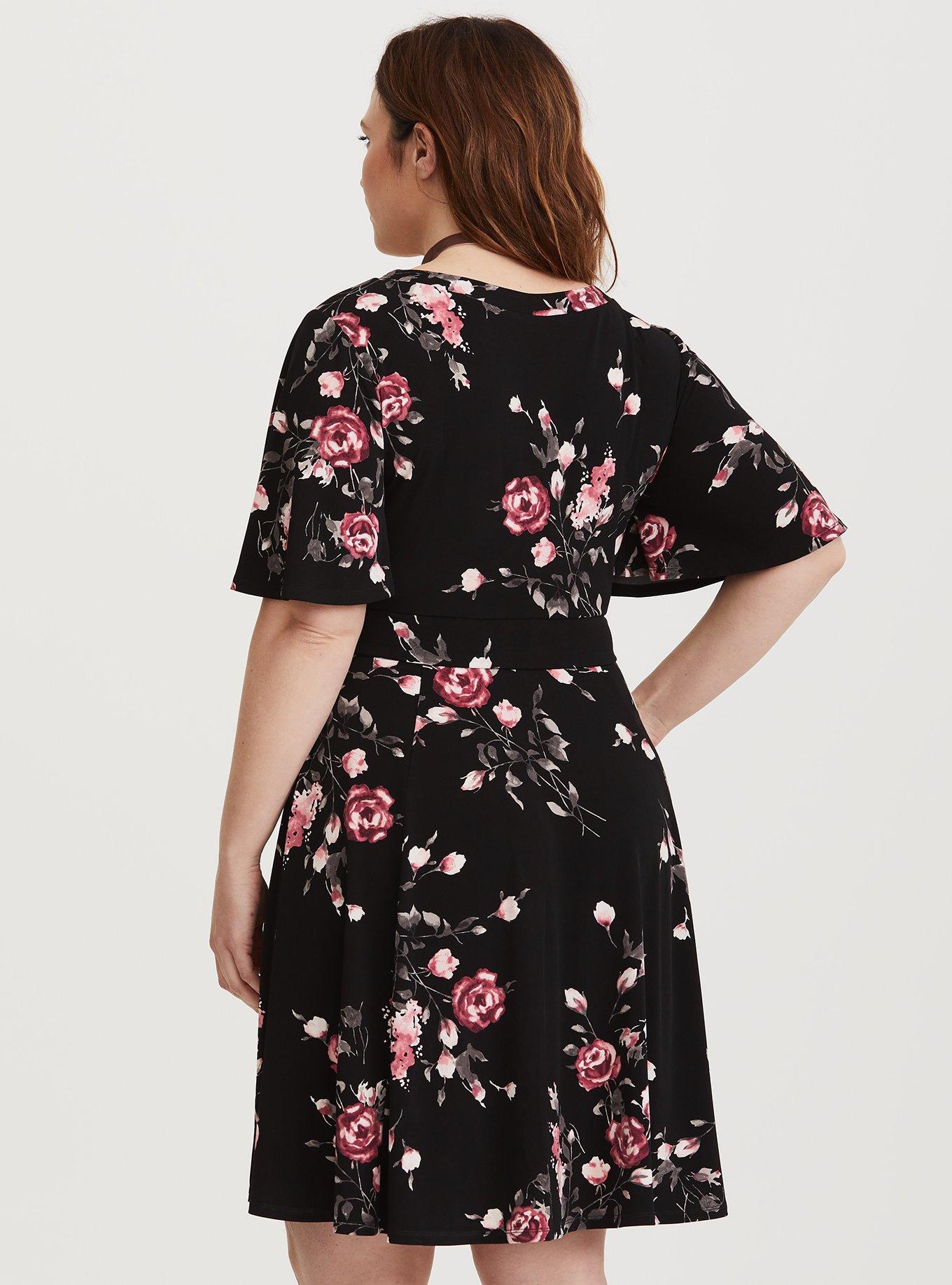 Plus Size - Black Floral Jersey Knit Skater Dress - Torrid