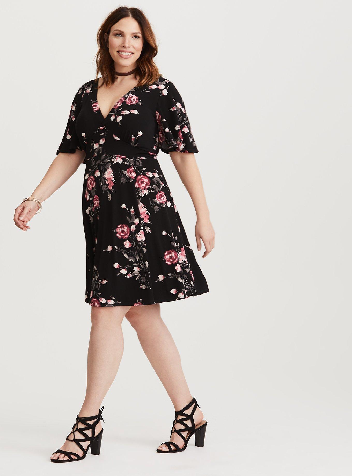 Plus Size - Black Floral Jersey Knit Skater Dress - Torrid
