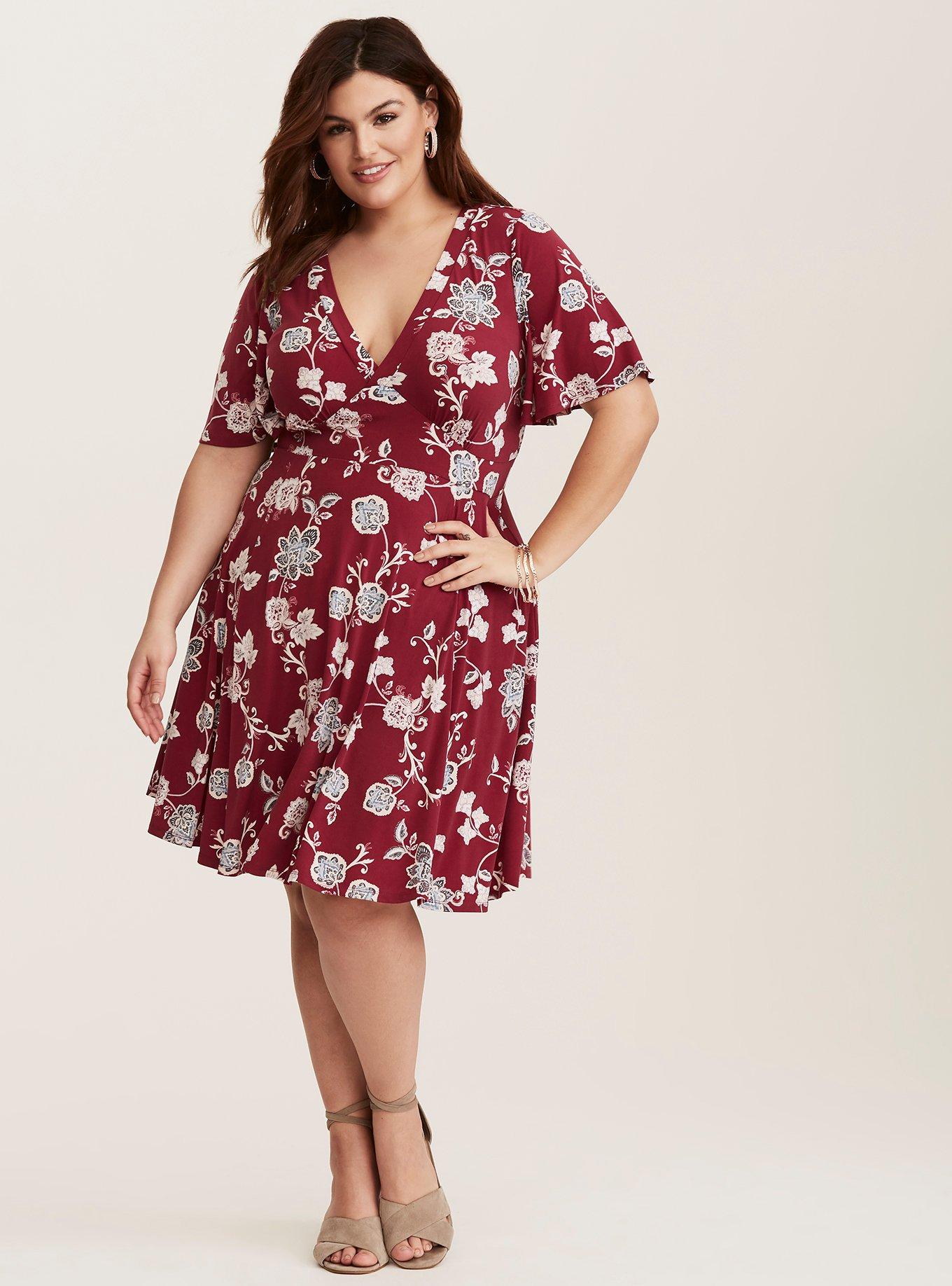 Plus Size - Burgundy Floral Stretch Knit Dress - Torrid