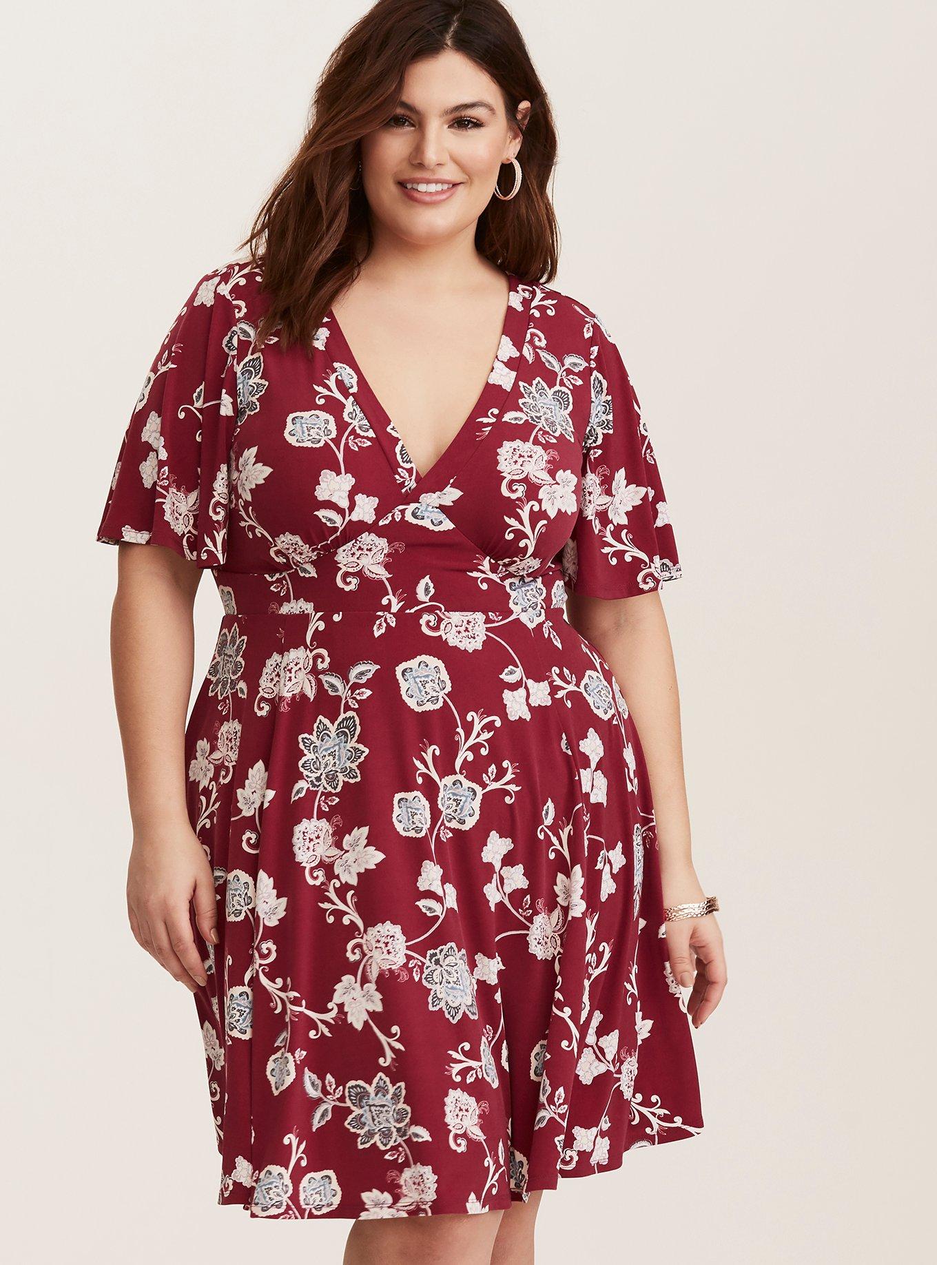 Plus Size - Burgundy Floral Stretch Knit Dress - Torrid