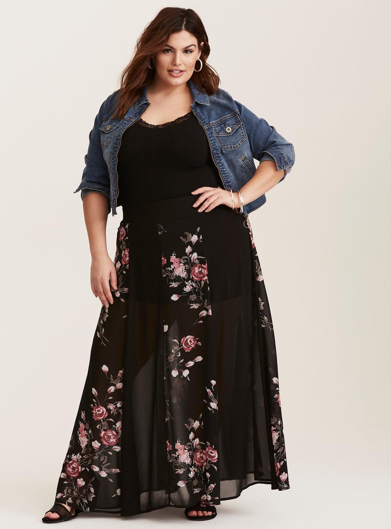 Plus Size Runway Collection - Black Floral Chiffon Maxi Skirt, ROUGH WATERCOLOR ROSE, alternate