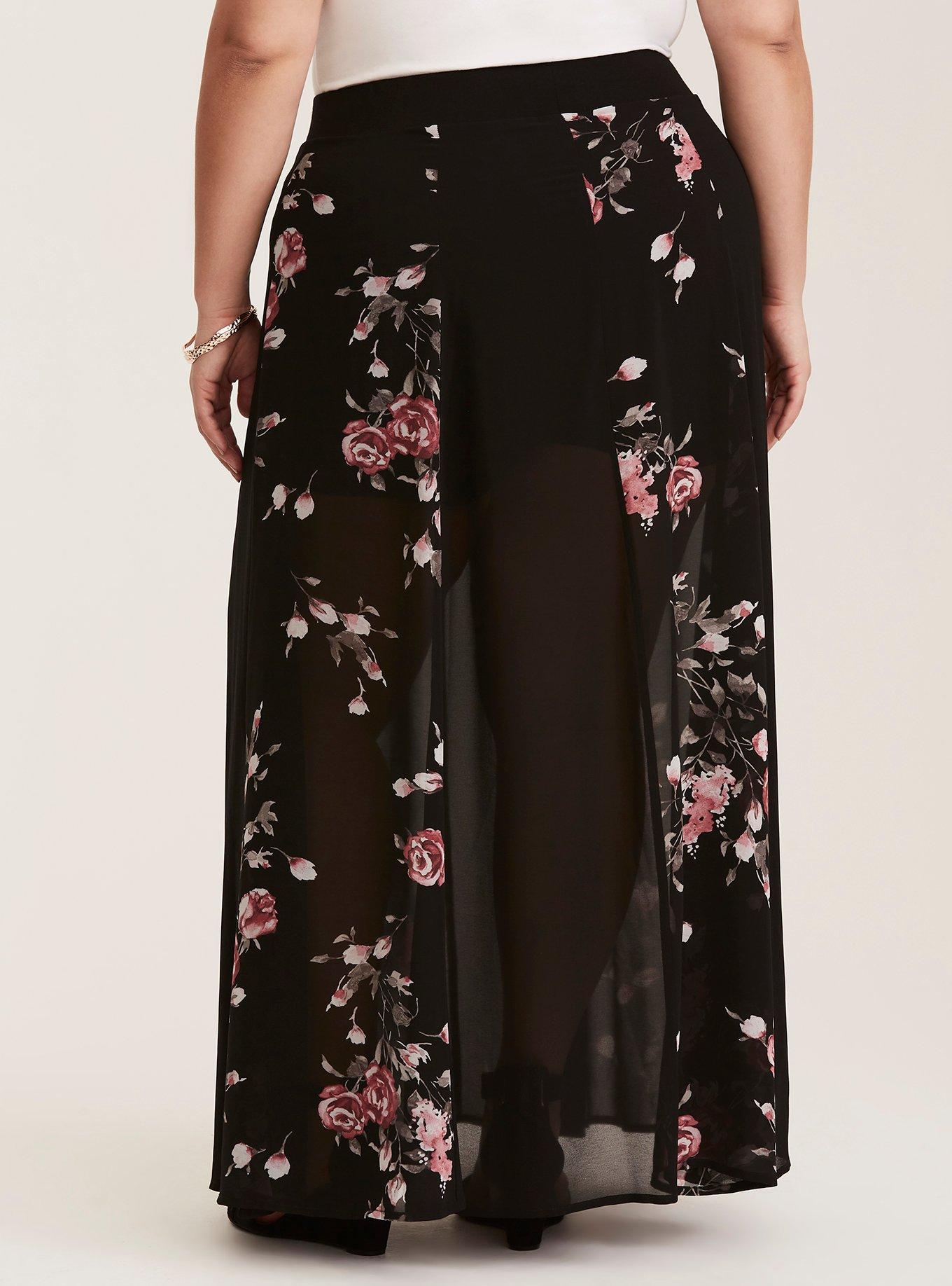 Plus Size Runway Collection - Black Floral Chiffon Maxi Skirt, ROUGH WATERCOLOR ROSE, alternate