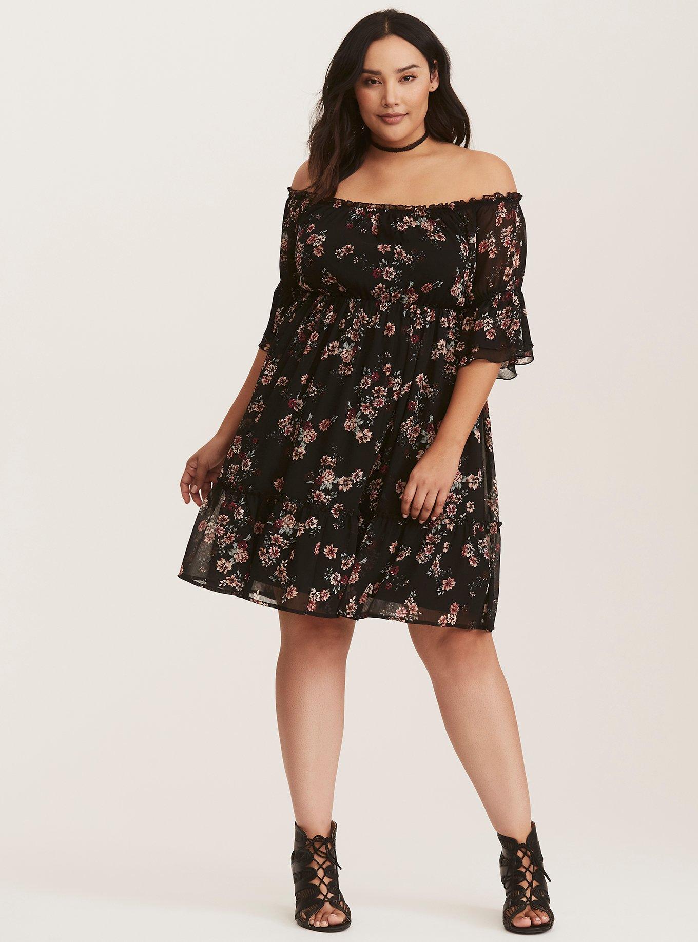 Black Floral Off Shoulder Chiffon Peasant Dress, EVERGREEN DITSY, alternate