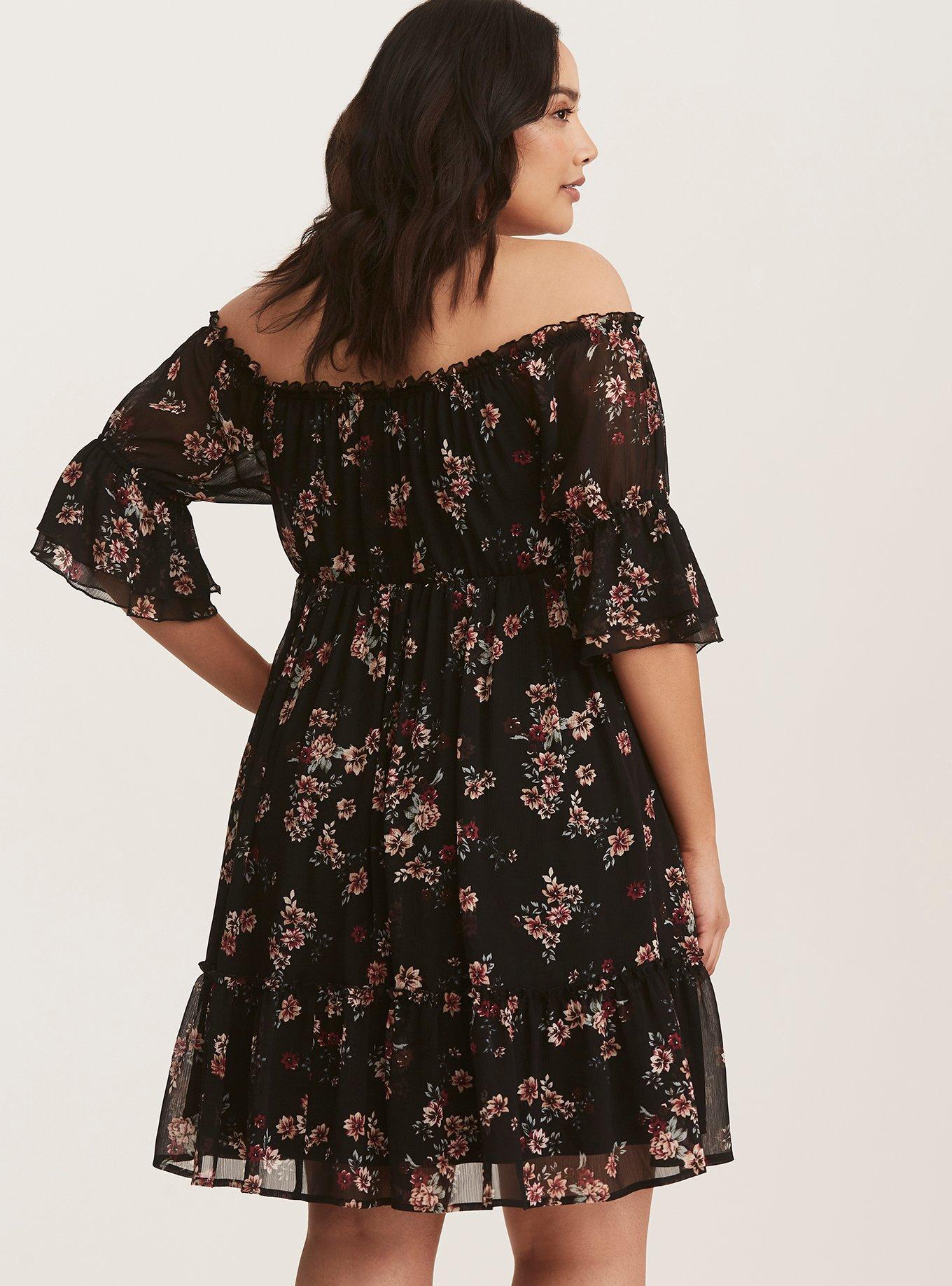 Black Floral Off Shoulder Chiffon Peasant Dress, EVERGREEN DITSY, alternate