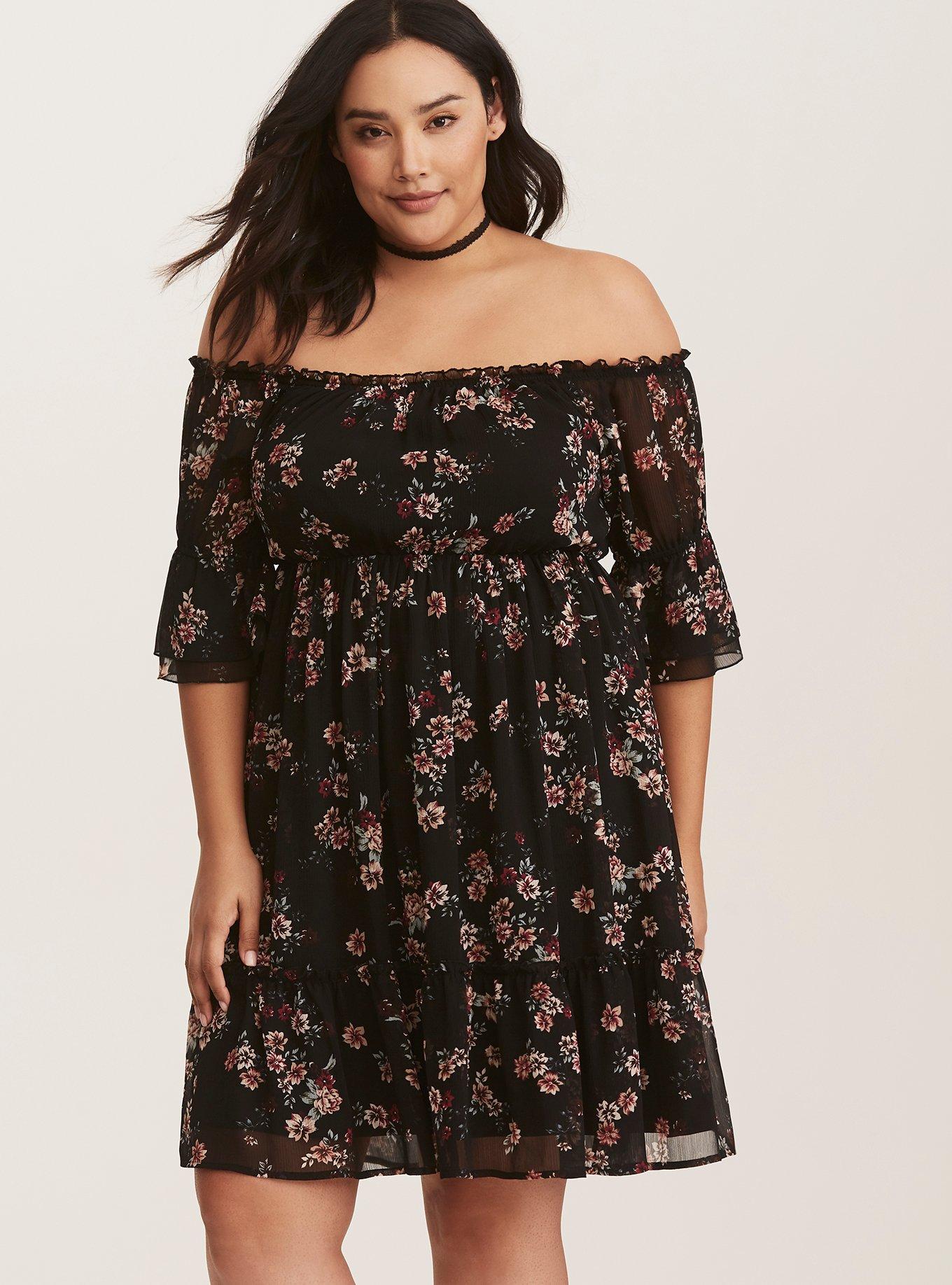 Black Floral Off Shoulder Chiffon Peasant Dress, EVERGREEN DITSY, hi-res