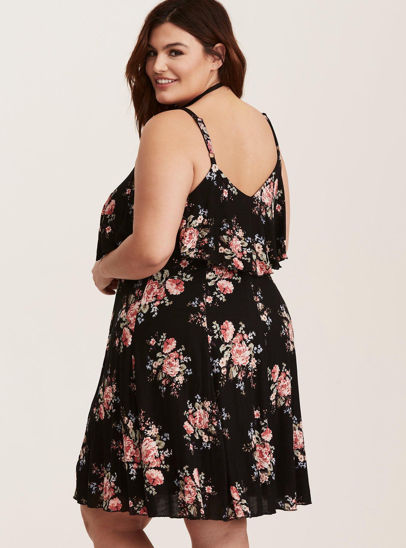 Plus Size - Black Floral Hacci Knit Ruffle Dress - Torrid