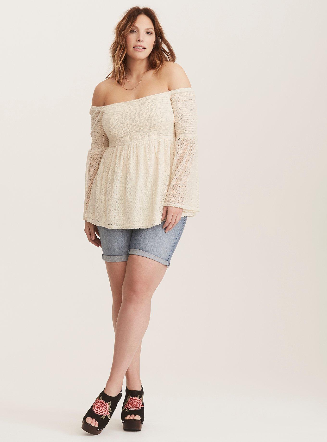 Eyelet Smocked Off-Shoulder Top, IVORY, alternate