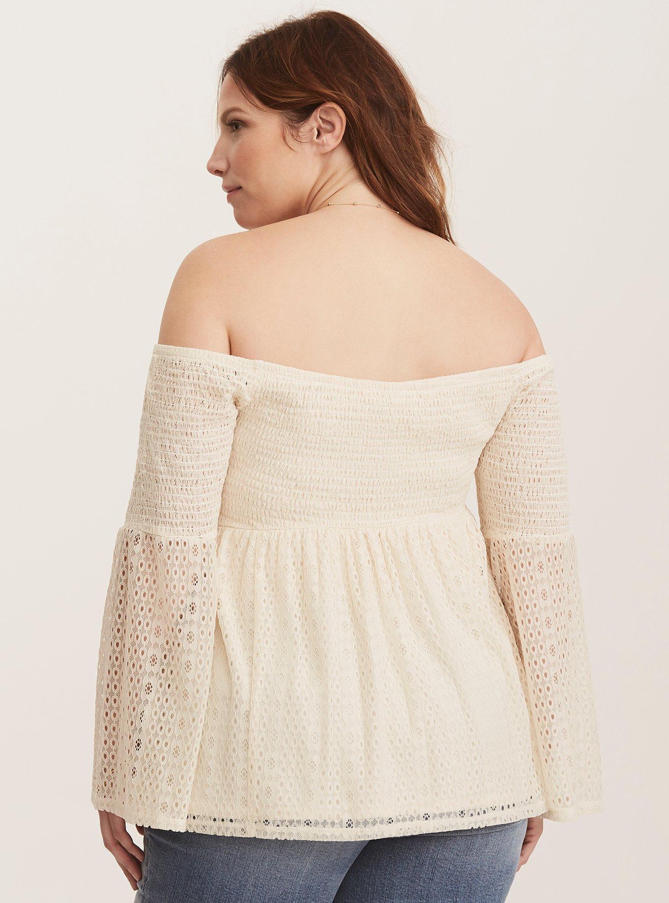Eyelet Smocked Off-Shoulder Top, IVORY, alternate