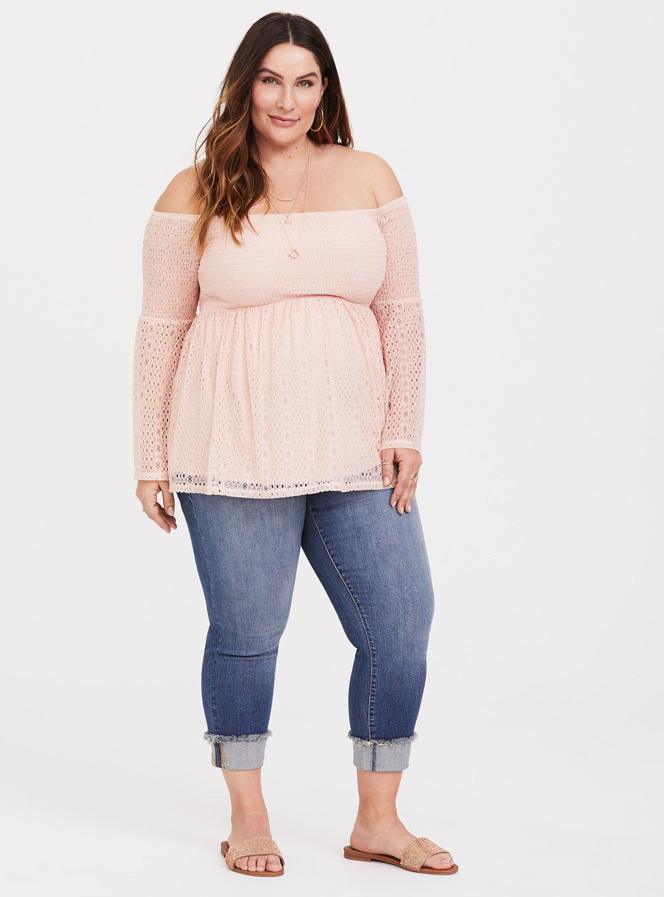 Plus Size Eyelet Smocked Off-Shoulder Top, PALE BLUSH, alternate