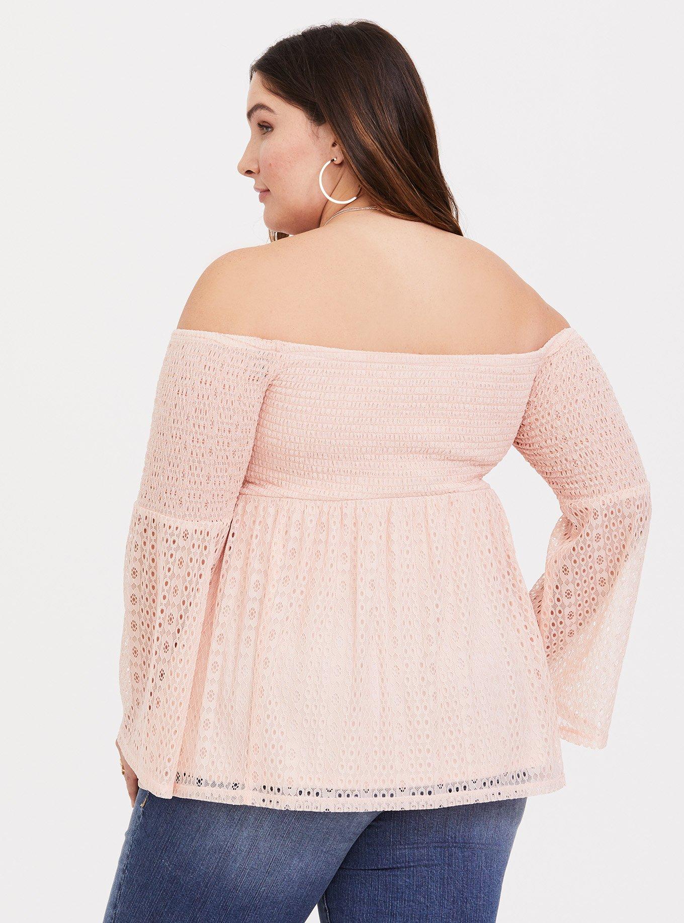 Plus Size Eyelet Smocked Off-Shoulder Top, PALE BLUSH, alternate