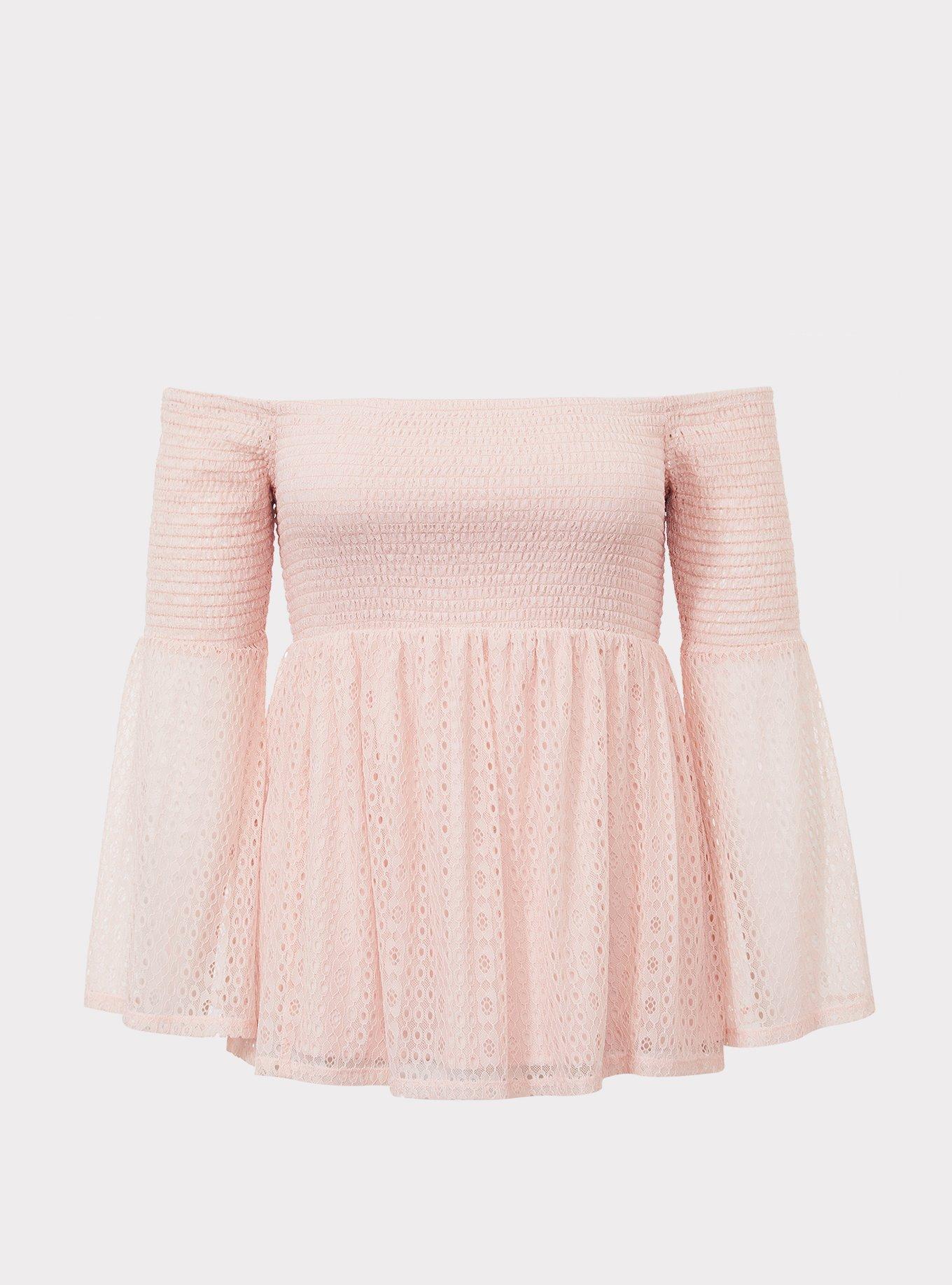 Plus Size Eyelet Smocked Off-Shoulder Top, PALE BLUSH, hi-res