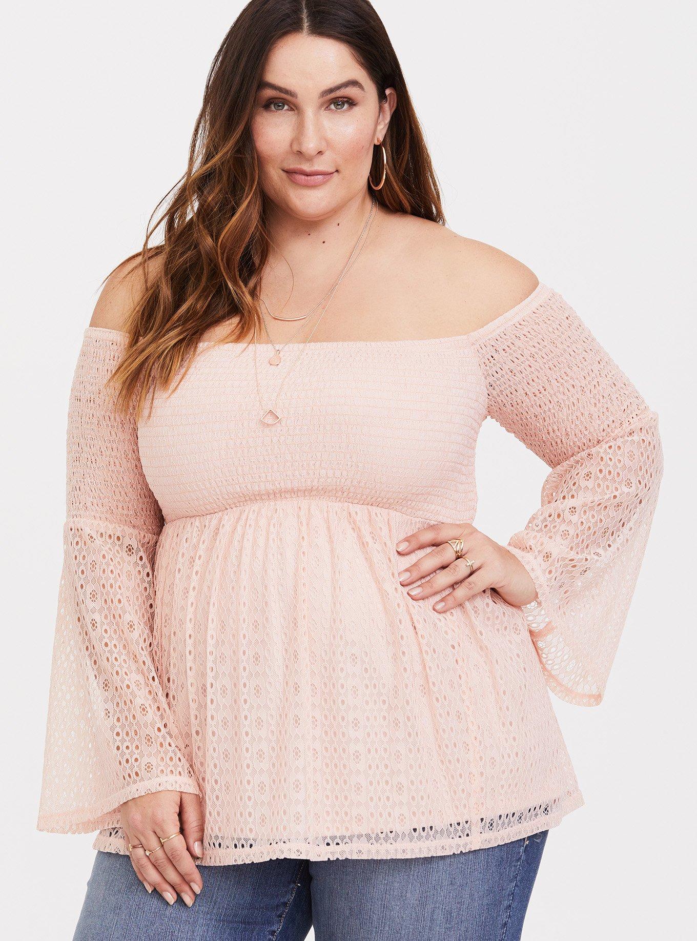 Plus Size Eyelet Smocked Off-Shoulder Top, PALE BLUSH, hi-res
