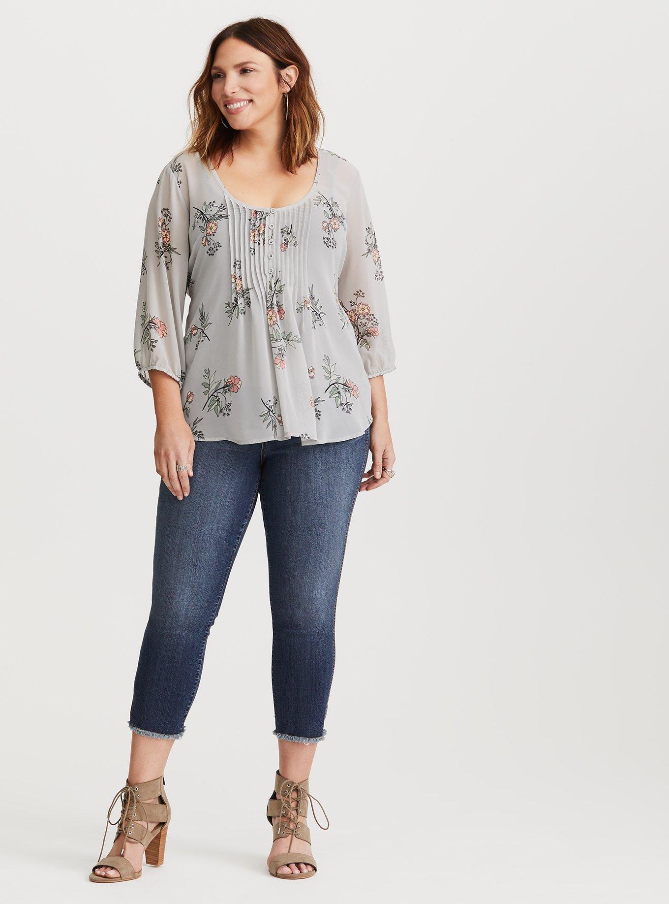 Plus Size - Grey Floral Chiffon Pintuck Blouse - Torrid