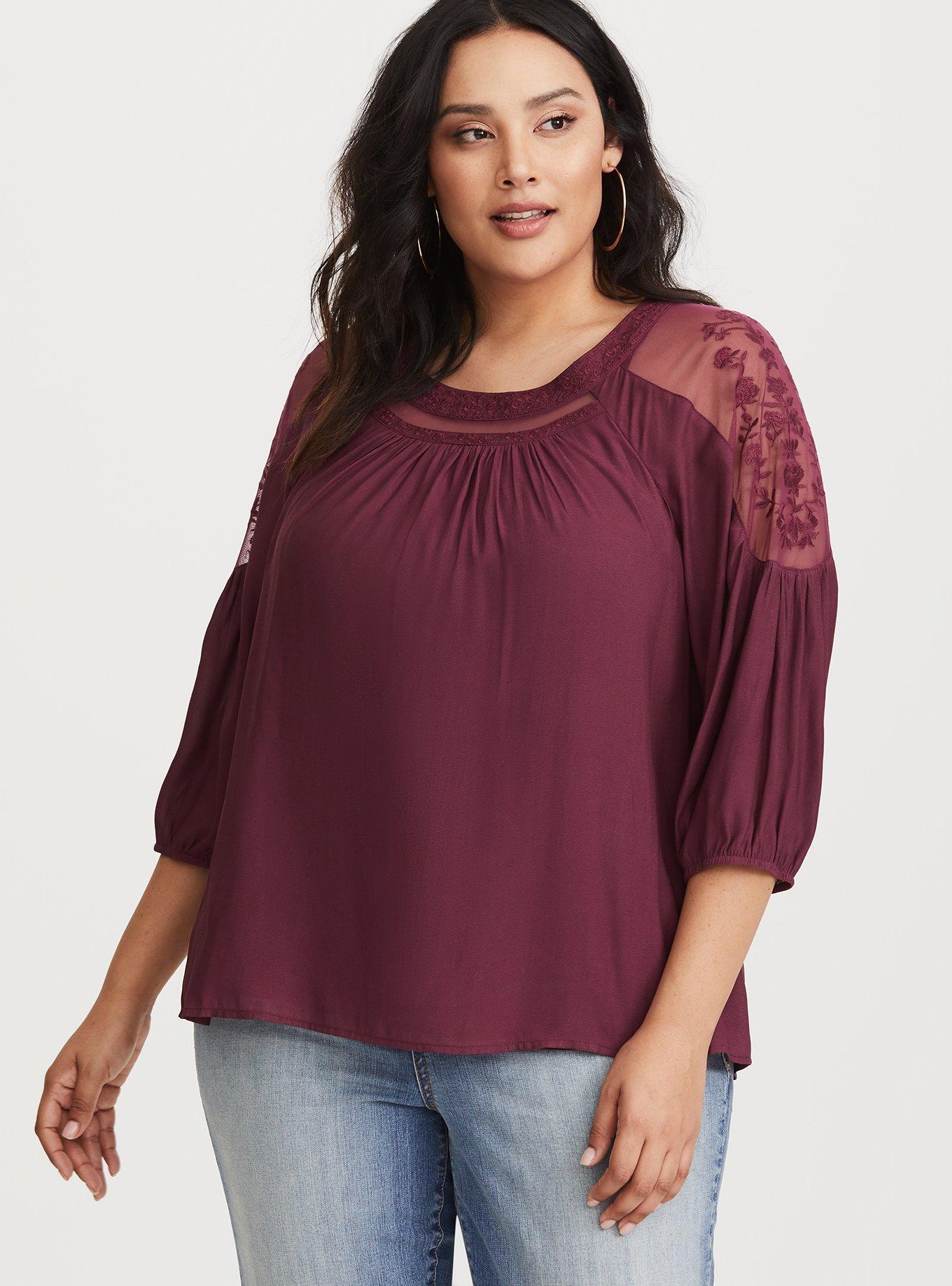 Plus Size - Plum Embroidered Mesh Crepe Blouse - Torrid