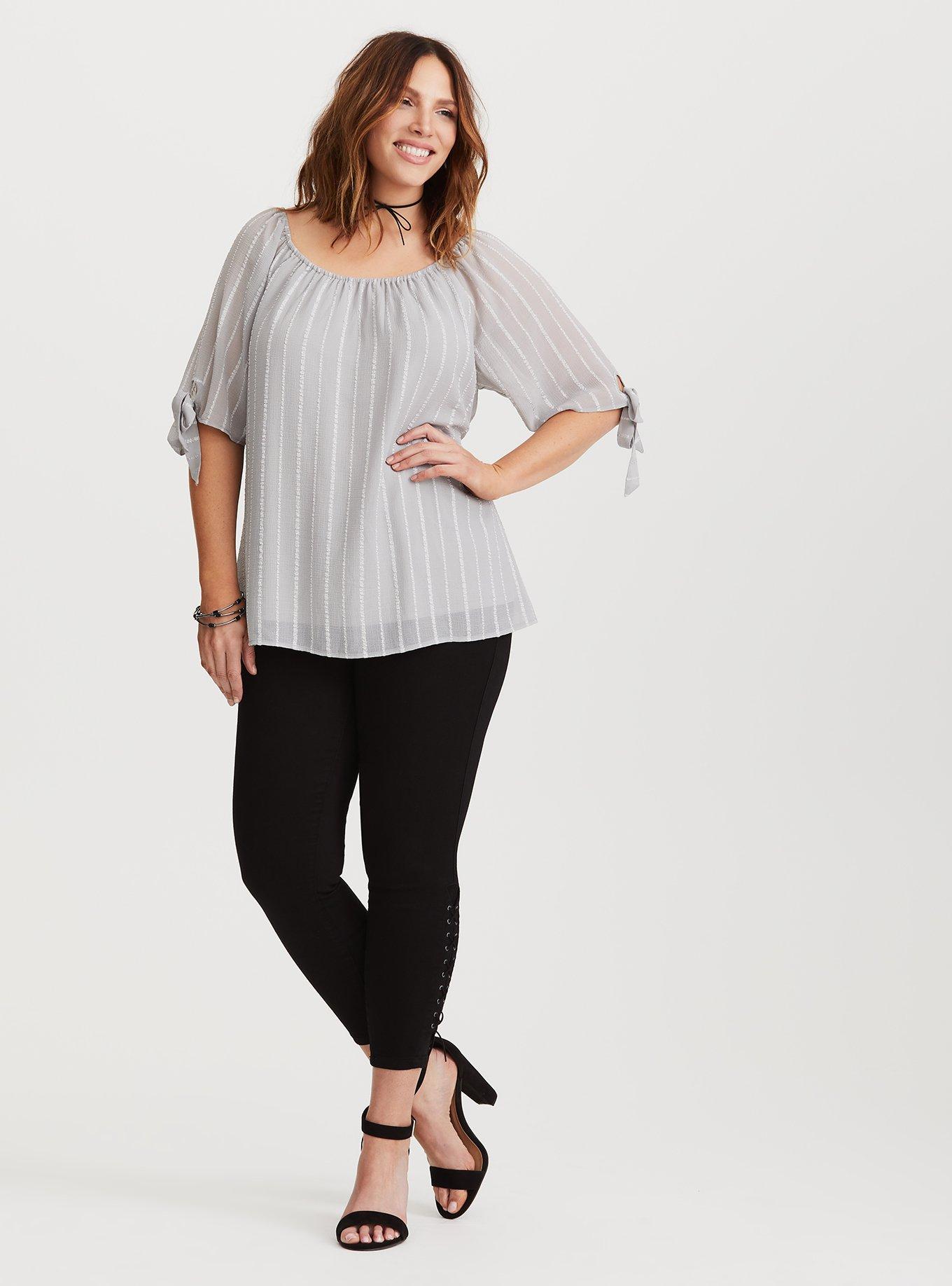 Plus Size Grey Tie Sleeve Textured Blouse, NONEC, alternate