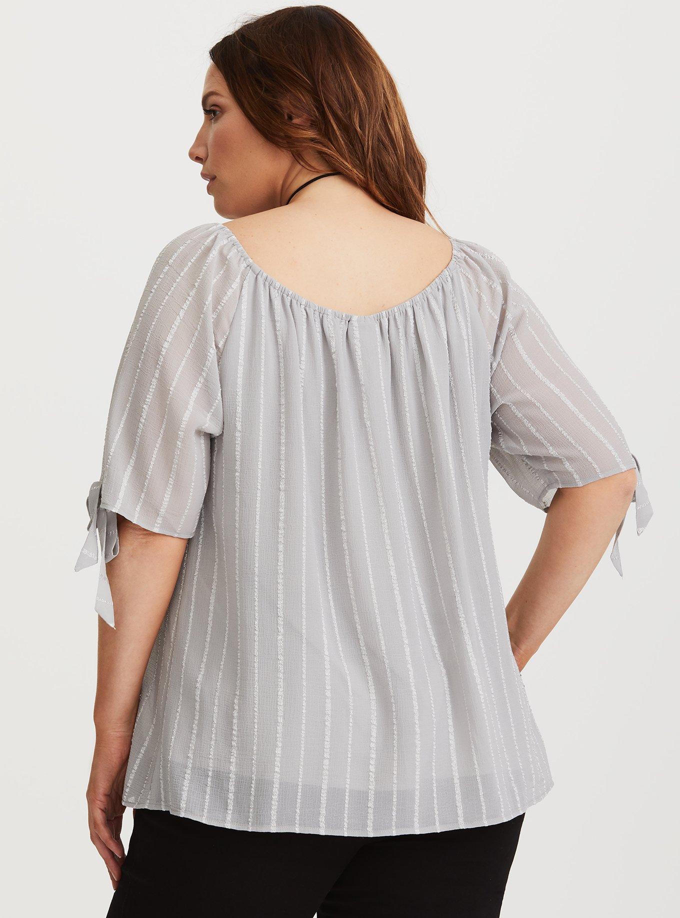 Plus Size Grey Tie Sleeve Textured Blouse, NONEC, alternate