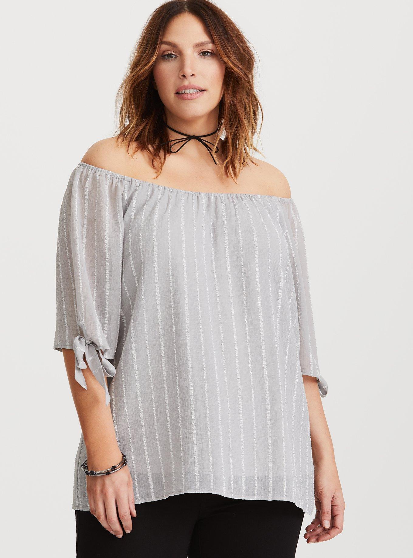 Plus Size Grey Tie Sleeve Textured Blouse, NONEC, alternate