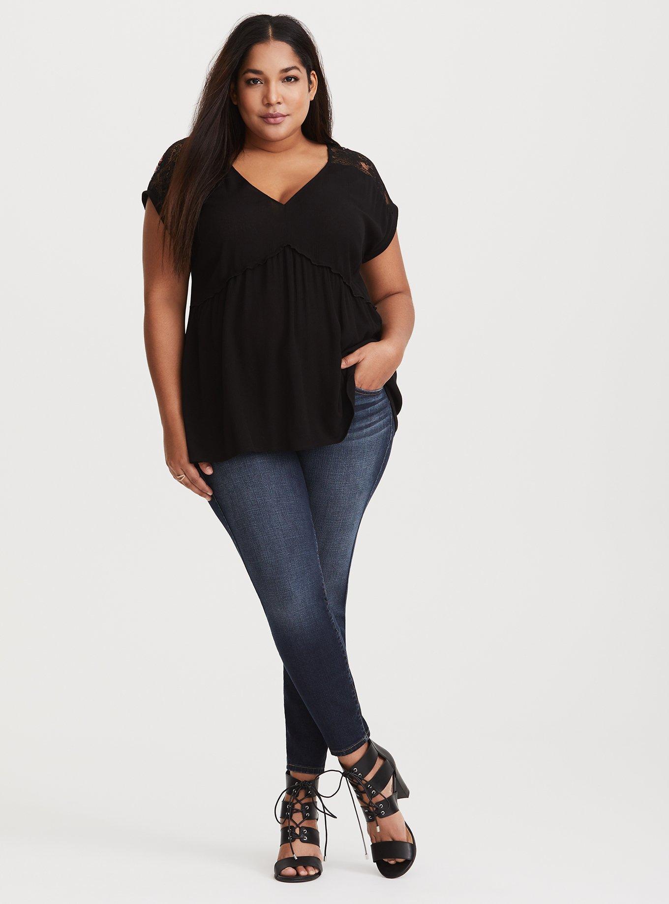 Plus Size - Black Embroidered Lace Woven Babydoll - Torrid
