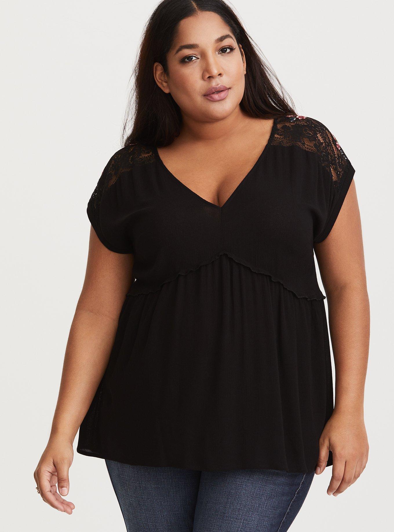 Plus Size - Black Embroidered Lace Woven Babydoll - Torrid