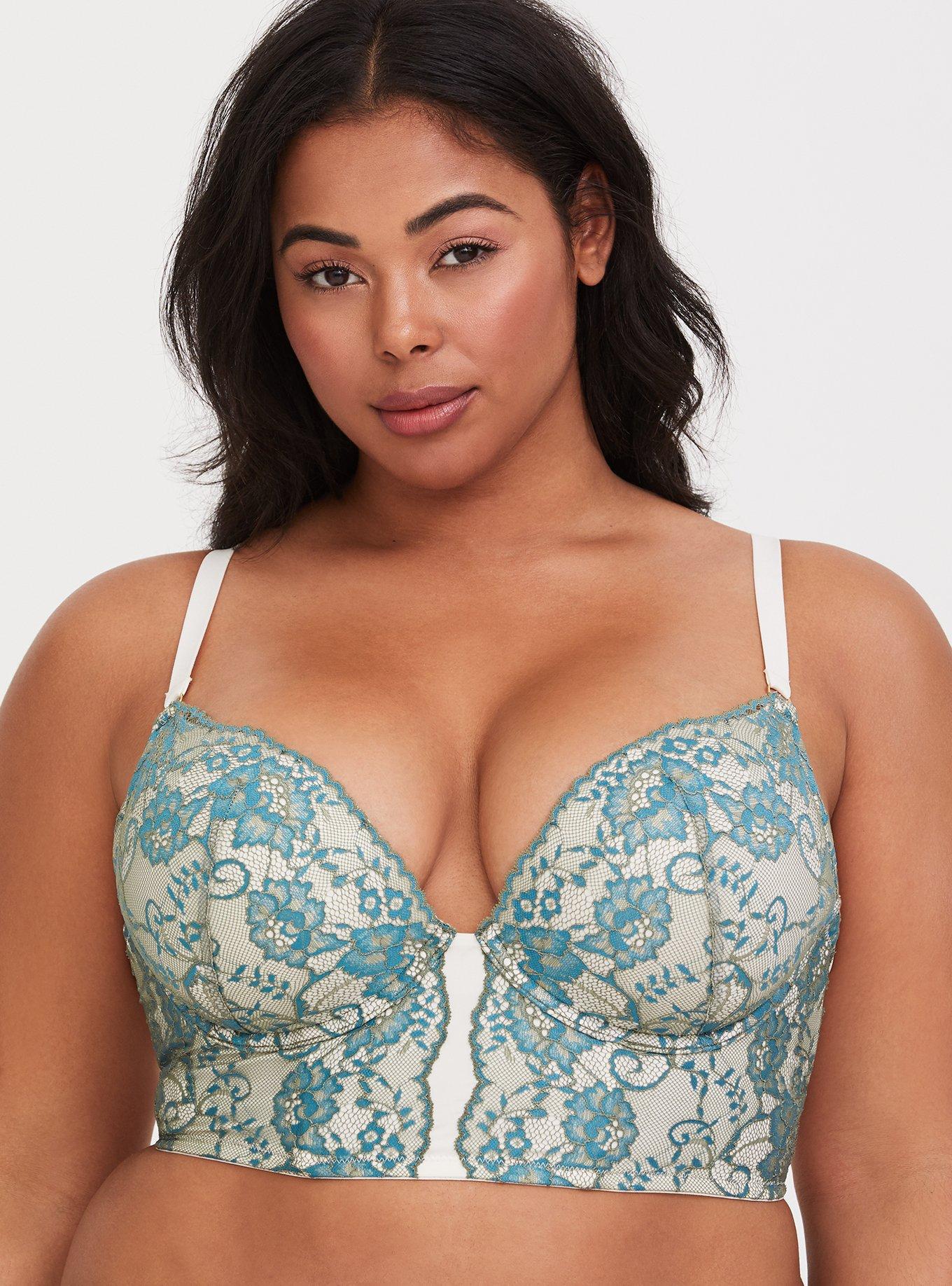 Green Blue Lace Microfiber Push-Up Plunge Bra, , hi-res
