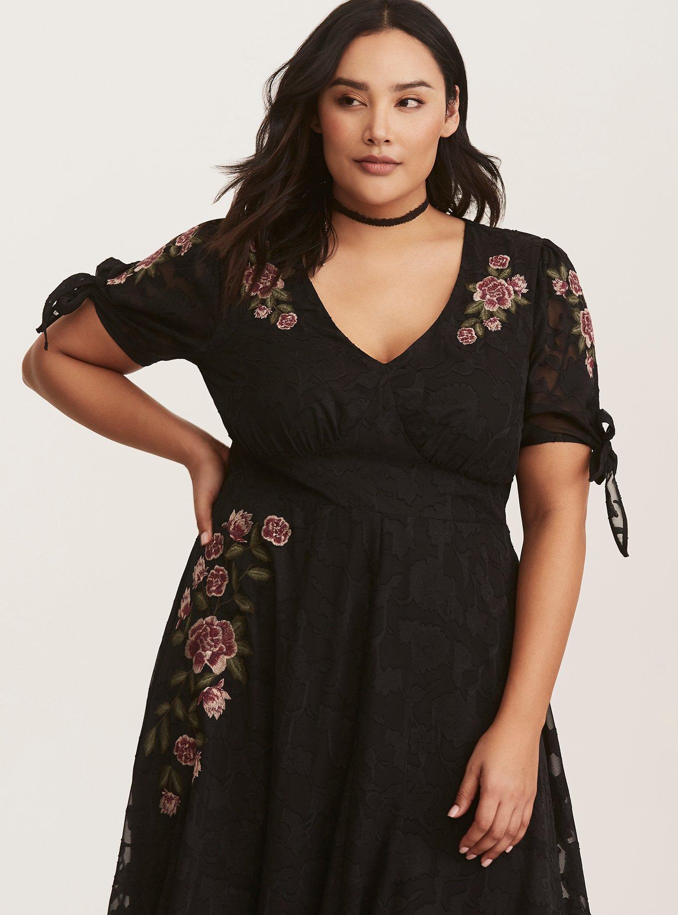 Plus Size - Black Floral Embroidered Chiffon Maxi Dress - Torrid