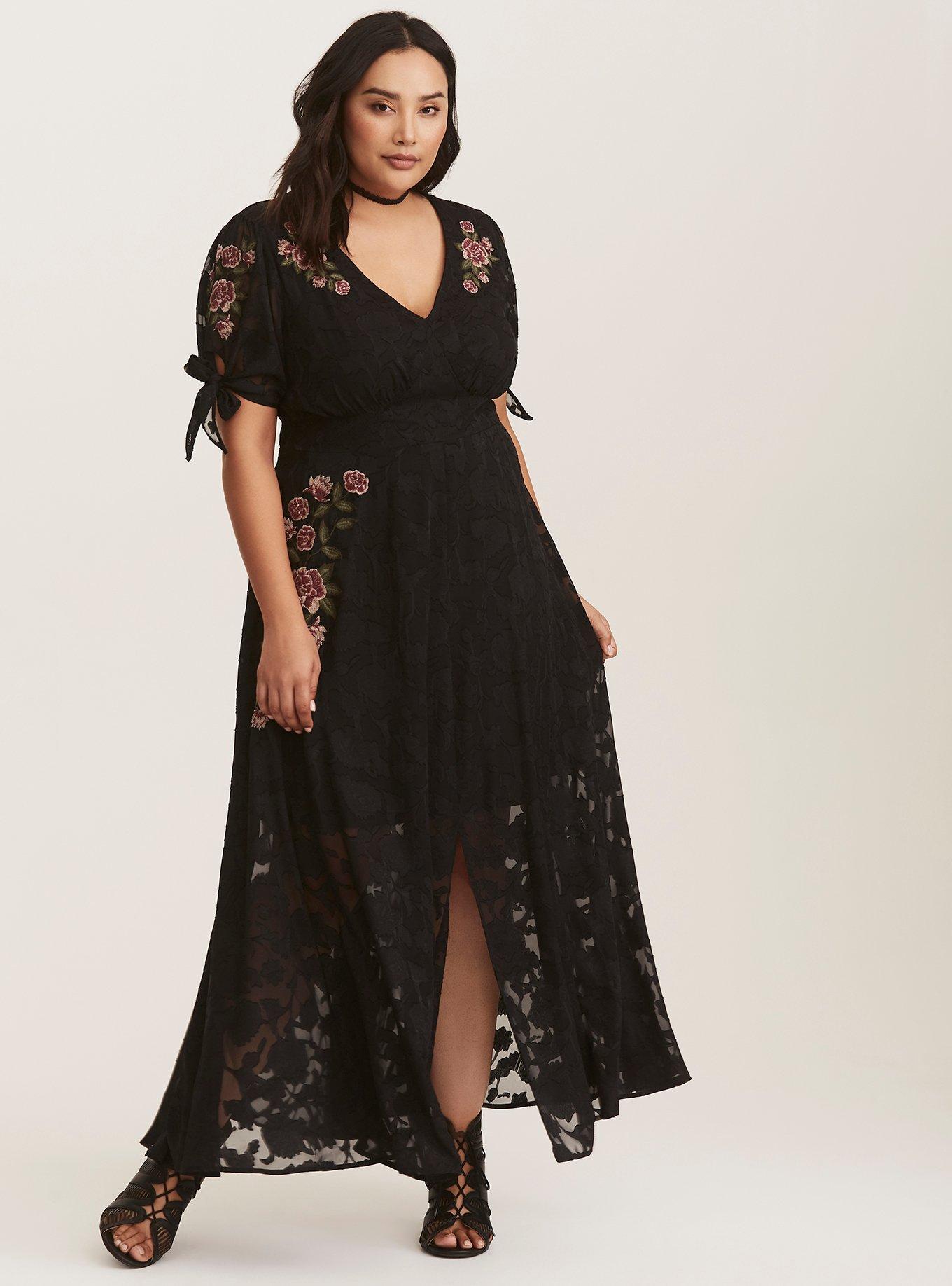 Plus Size Black Floral Embroidered Chiffon Maxi Dress Torrid