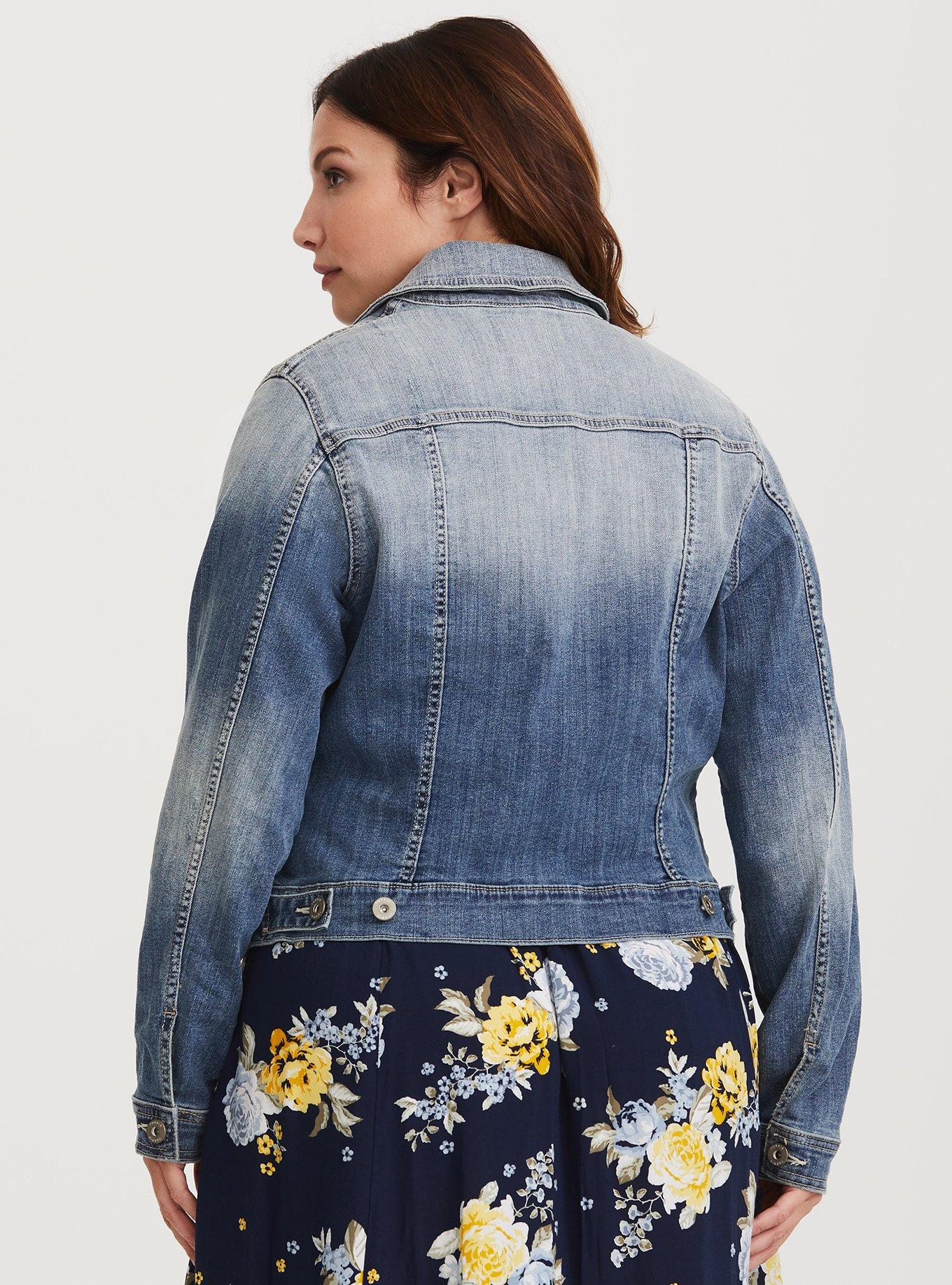 Distressed jean jacket plus size best sale