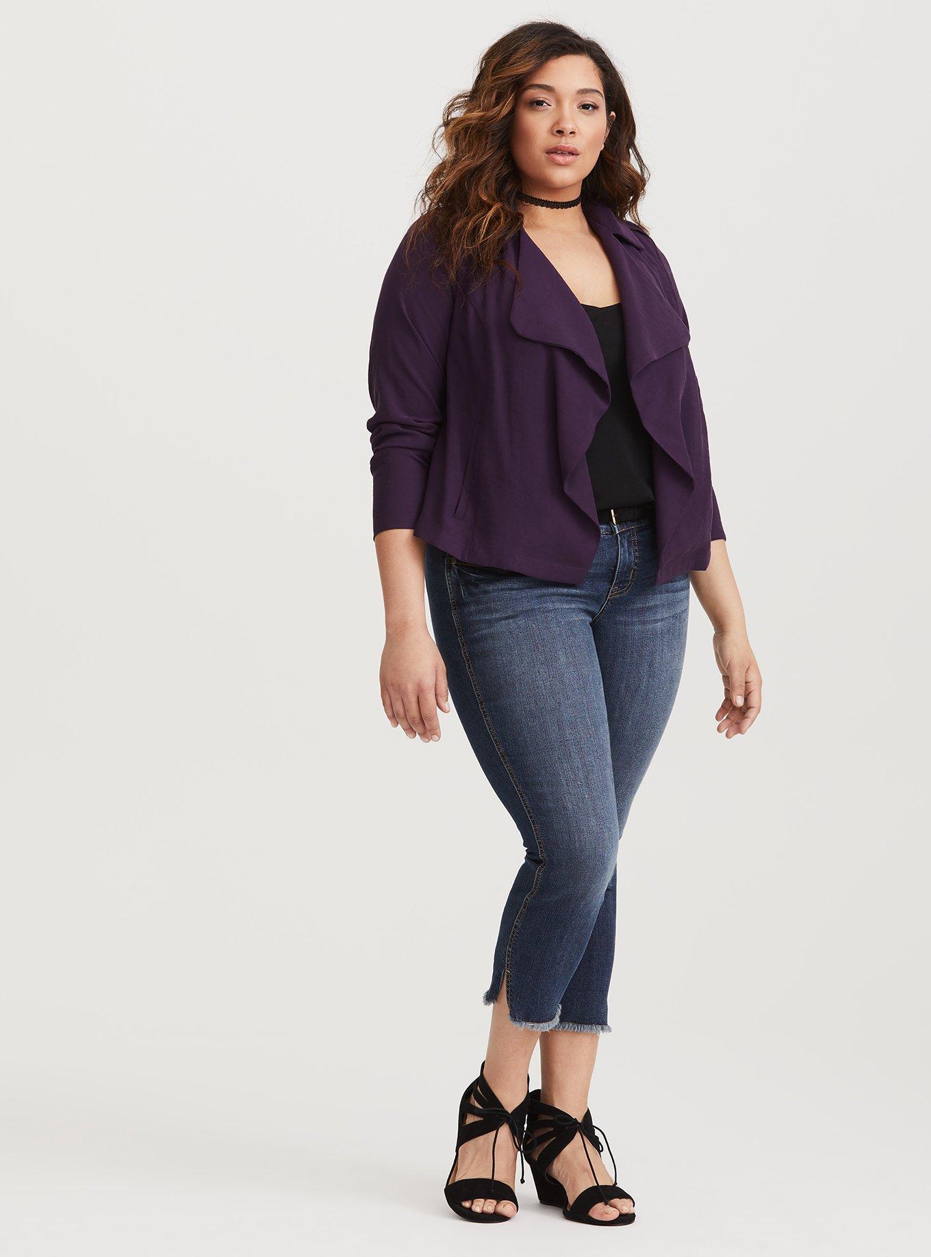 Plus Size Twill Drape Front Jacket, PURPLE INDIGO, alternate