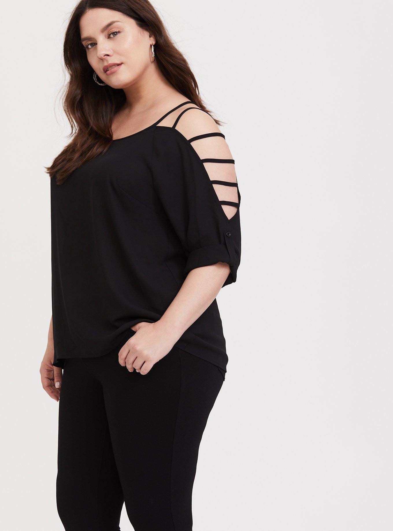 Plus Size Black Ladder Cut Georgette Blouse, DEEP BLACK, alternate