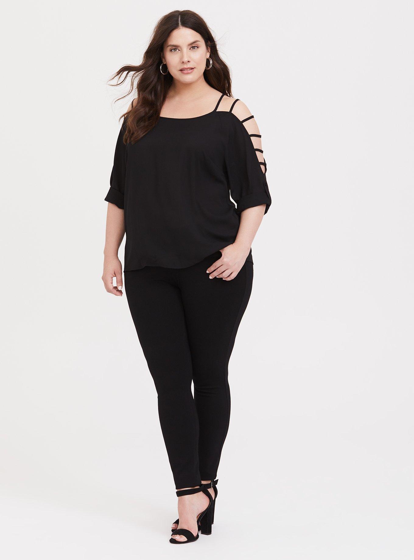 Plus Size Black Ladder Cut Georgette Blouse, DEEP BLACK, alternate