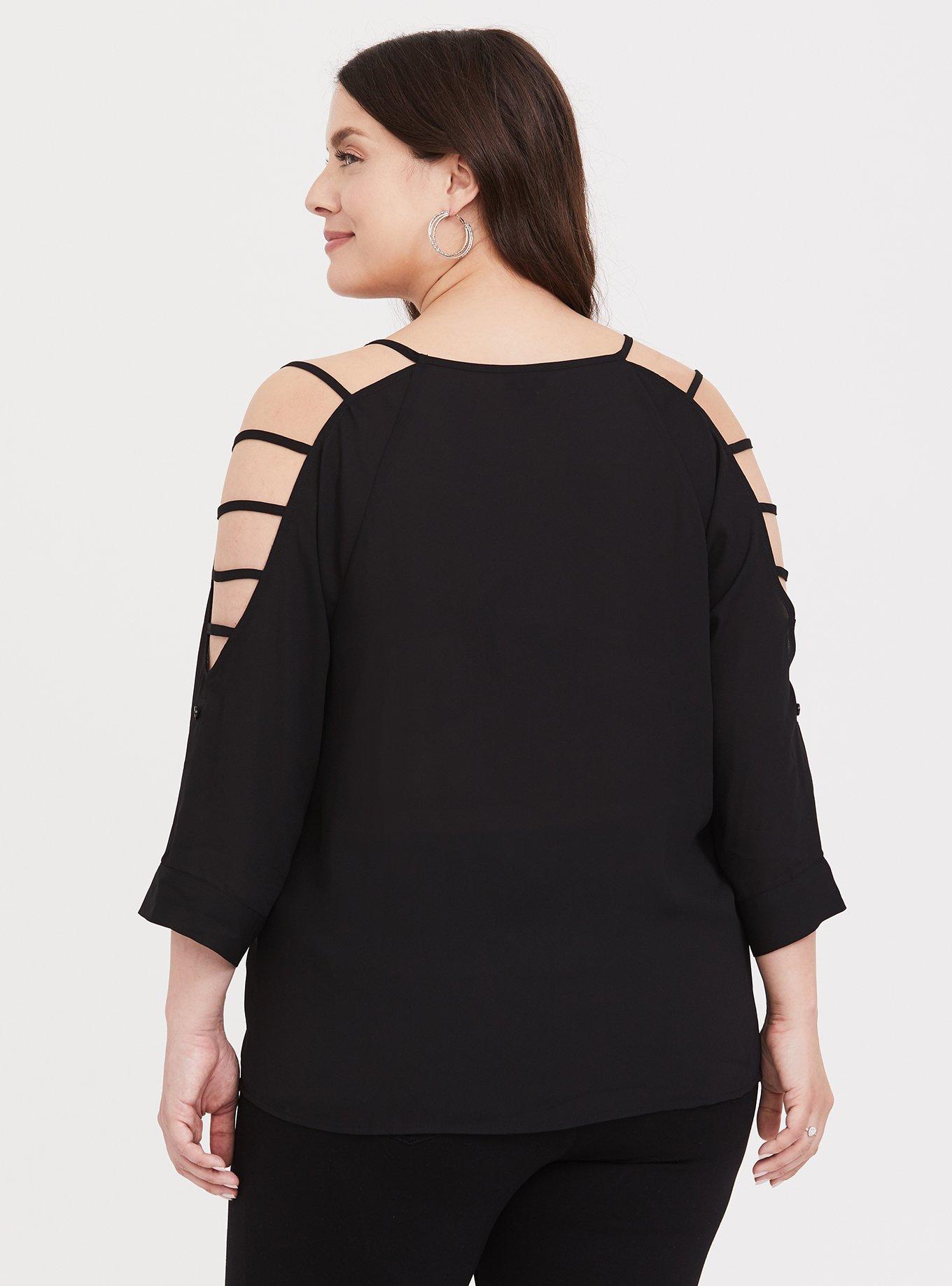 Plus Size Black Ladder Cut Georgette Blouse, DEEP BLACK, alternate