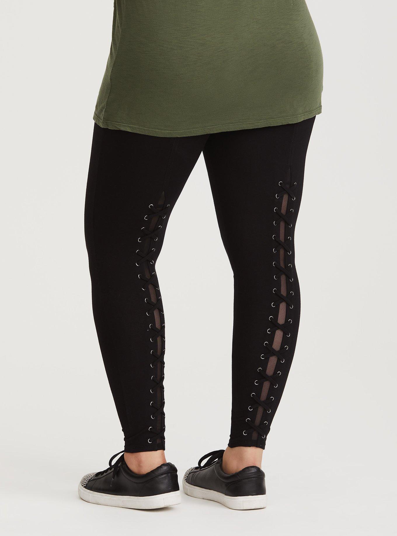 Womens Black Leggings With Lattice Detail 