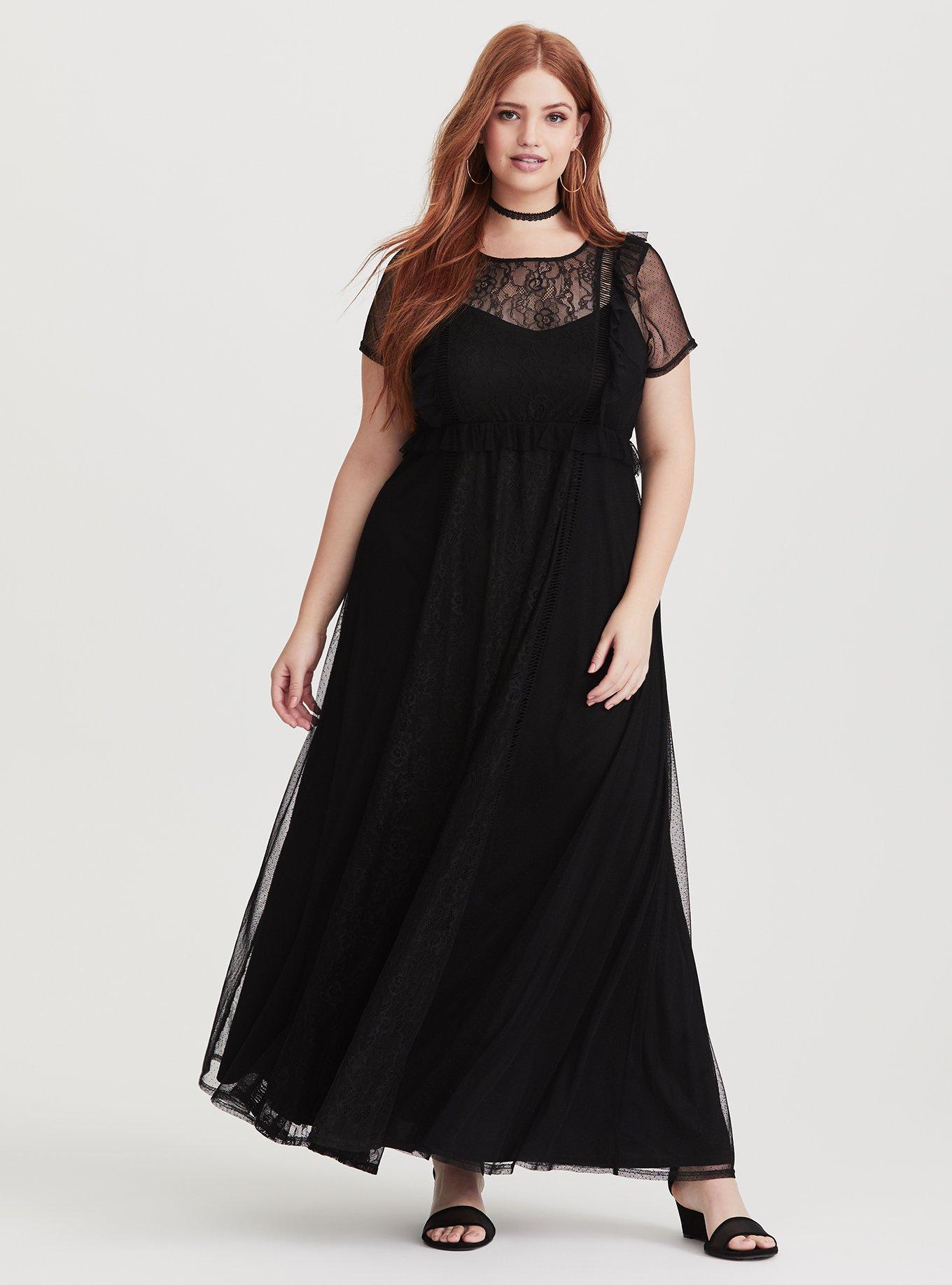 Plus Size - Runway Collection - Black Lace & Mesh Maxi Dress (Short ...