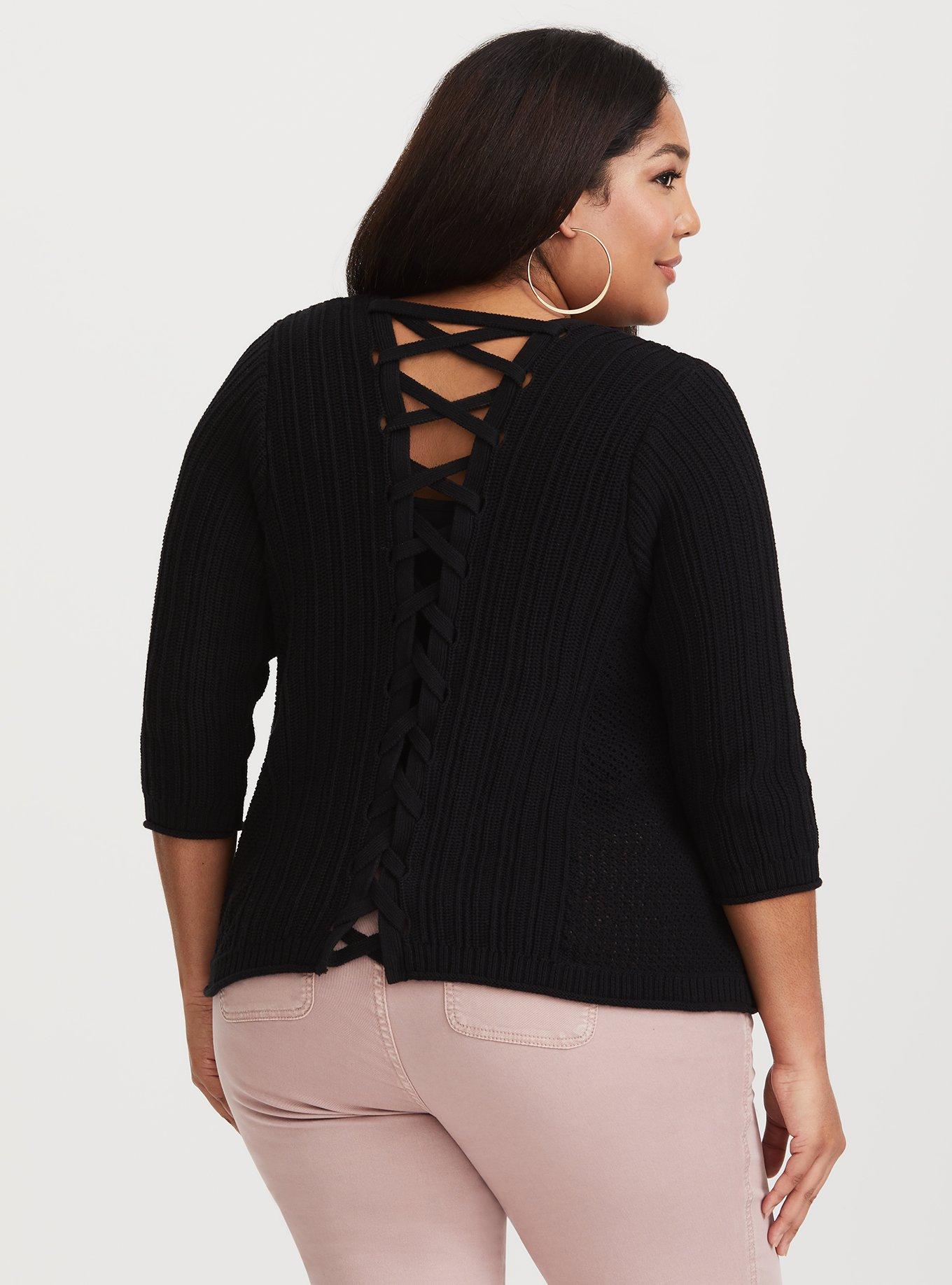 Plus Size Cardigan Lattice Back Sweater, BLACK, alternate