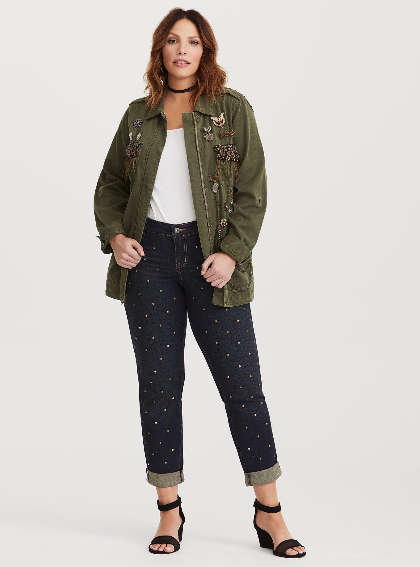 Plus Size Runway Collection - Premium Boyfriend Jean in Dark Wash with Stone & Stud Embellishments, THREE RIVERS, alternate