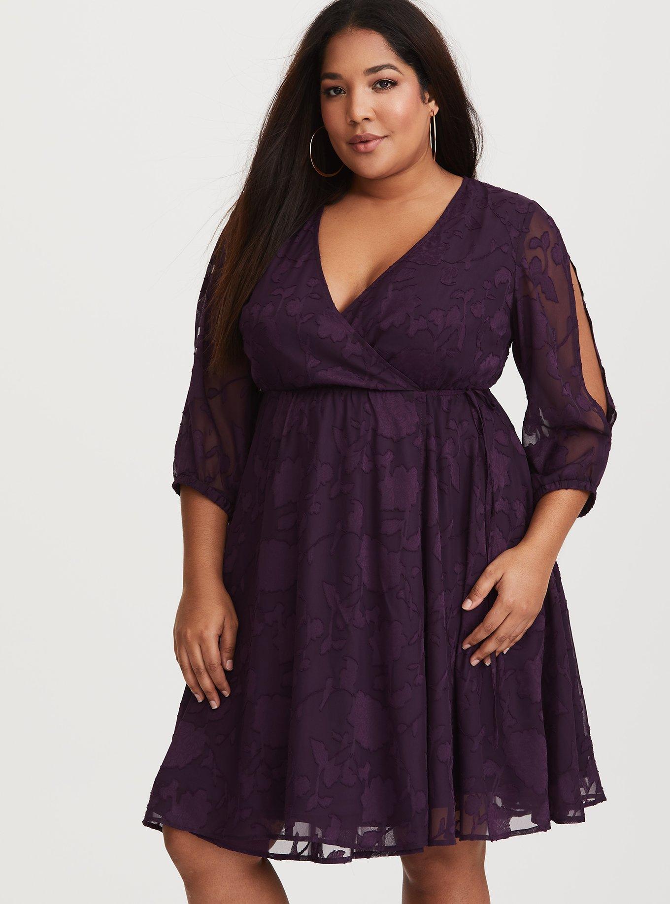 Plus Size - Purple Floral Burnout Cold Shoulder Wrap Skater Dress - Torrid