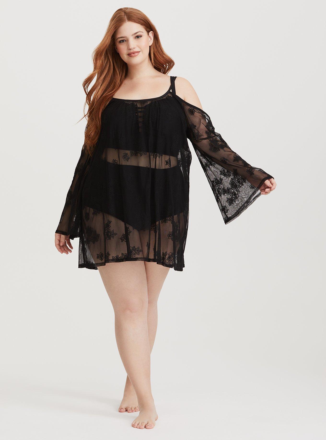 Plus Size Black Embroidered Mesh Cold Shoulder Dress Swim Cover-Up, DEEP BLACK, alternate