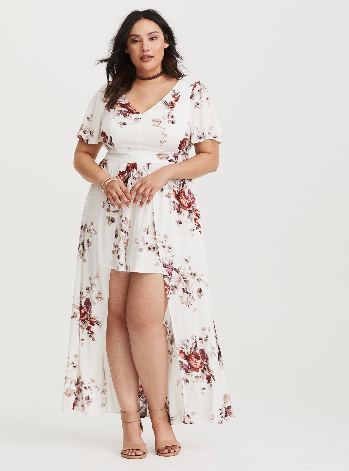 Plus Size - Ivory Floral Romper with Maxi Skirt Overlay (Short Inseam ...