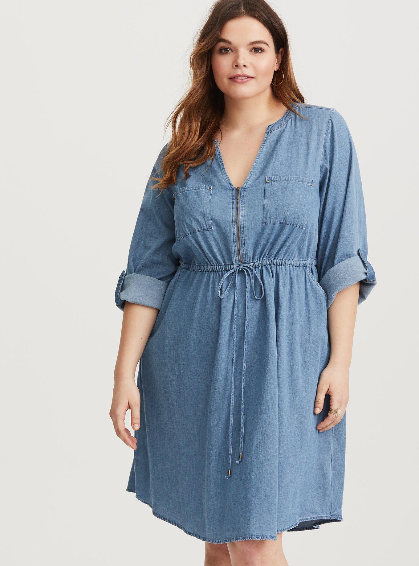 Plus Size - Chambray Split Neck Shirt Dress - Torrid