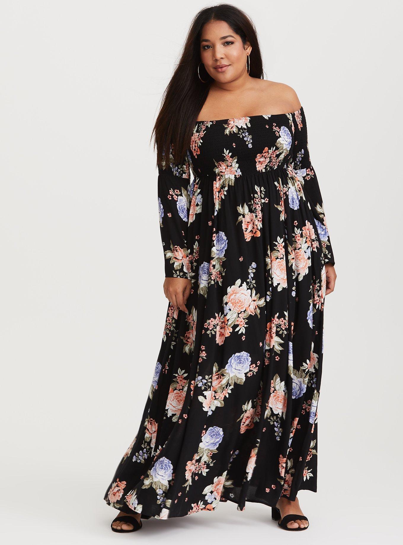 Torrid Black Floral Smocked Off the Shoulder Maxi Dress Women's