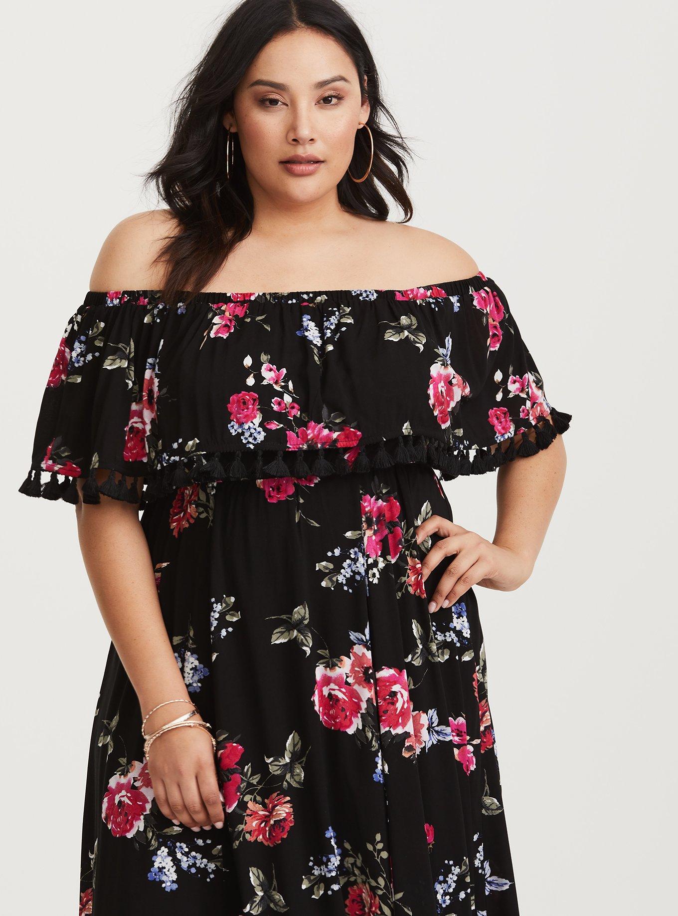 Plus Size - Black Floral Challis Off Shoulder Maxi Dress - Torrid