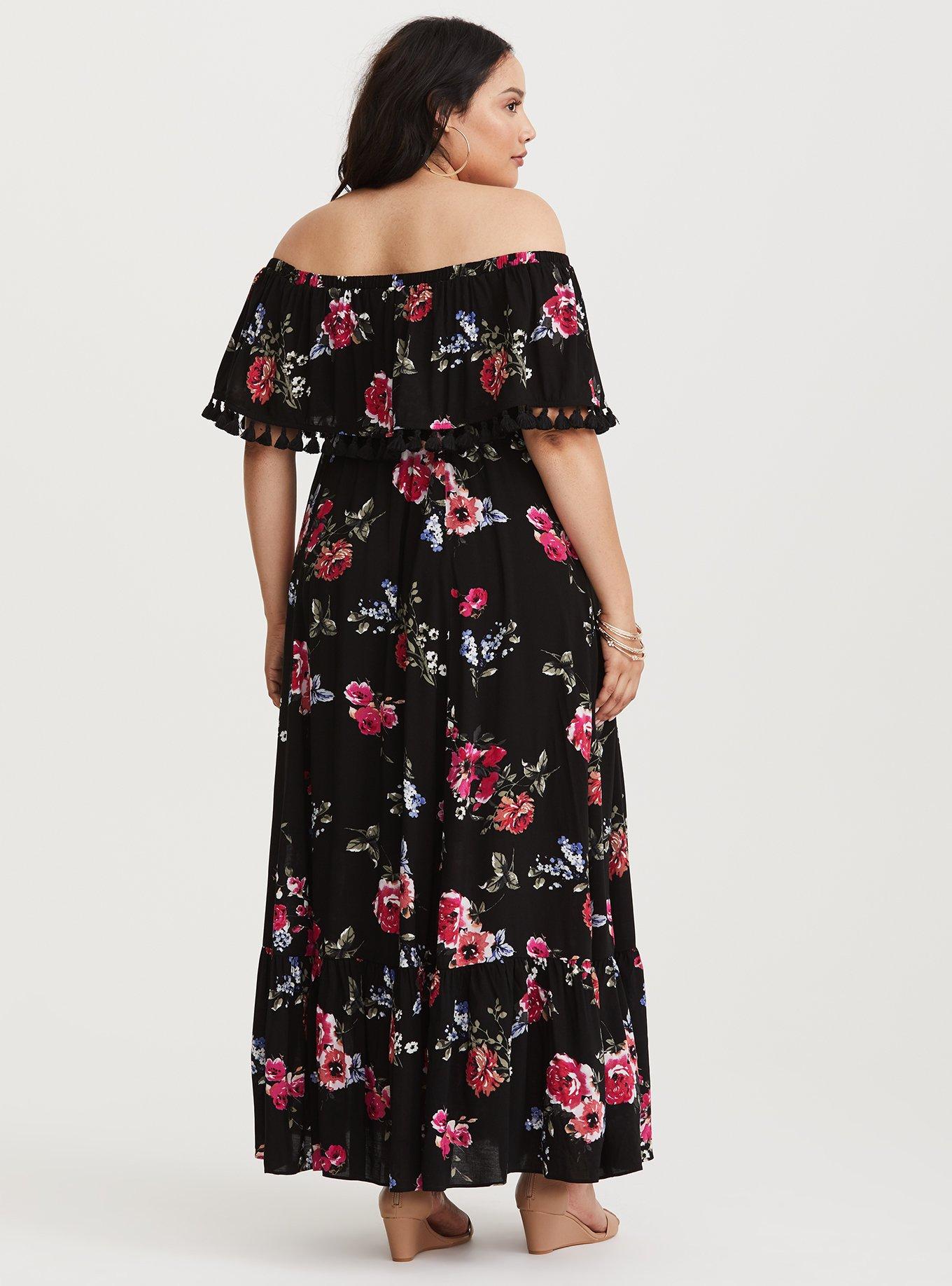 Black Floral Challis Off Shoulder Maxi Dress, SWEPT AWAY FLORAL, alternate