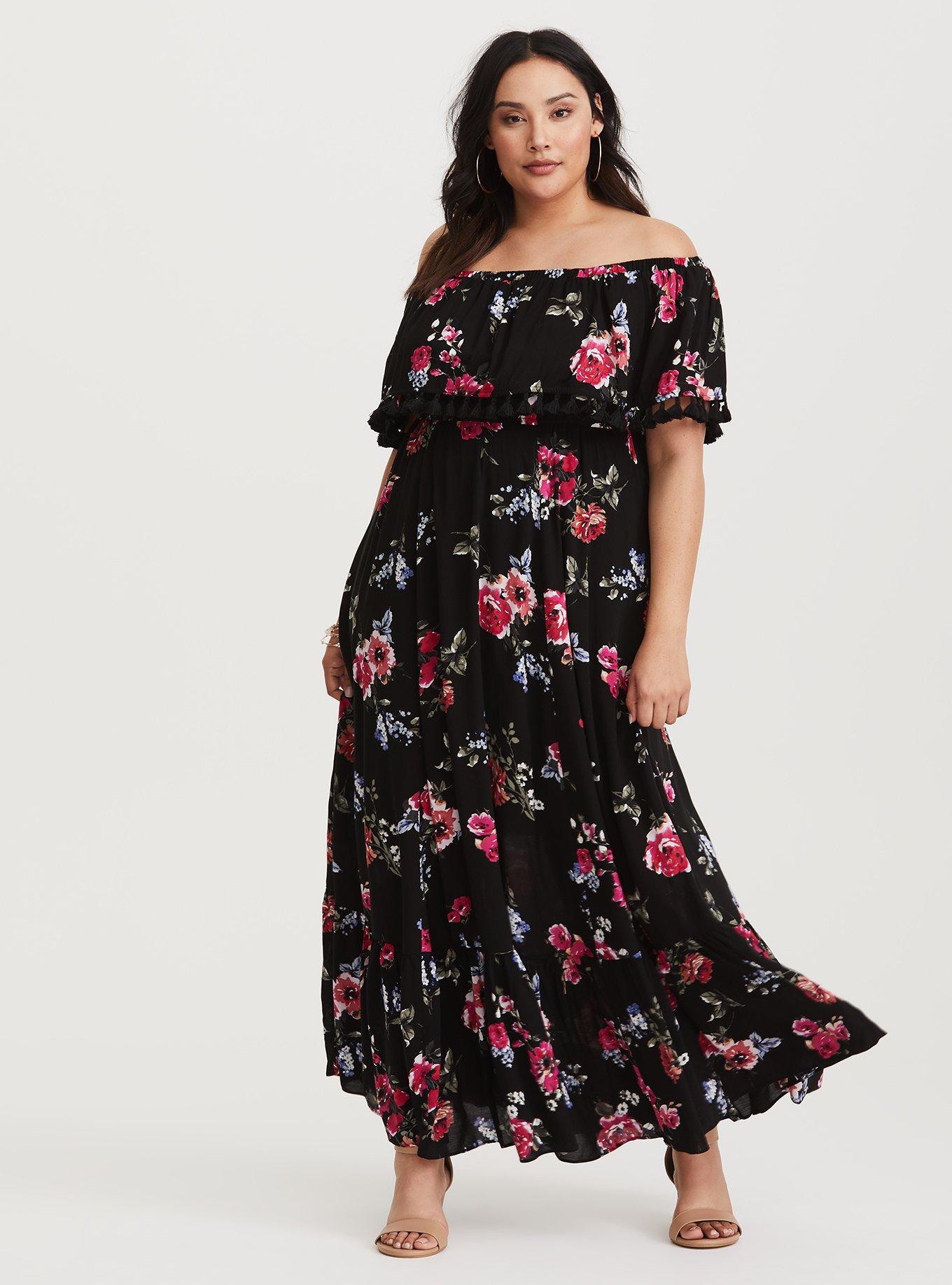 Plus Size - Black Floral Challis Off Shoulder Maxi Dress - Torrid
