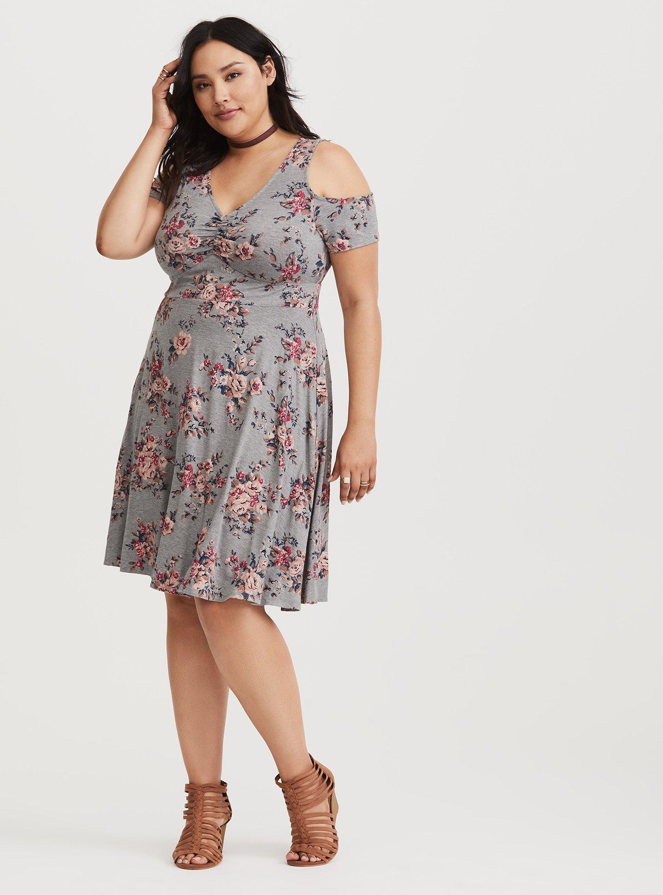 Plus Size - Grey Floral Jersey Cold Shoulder Mini Dress - Torrid